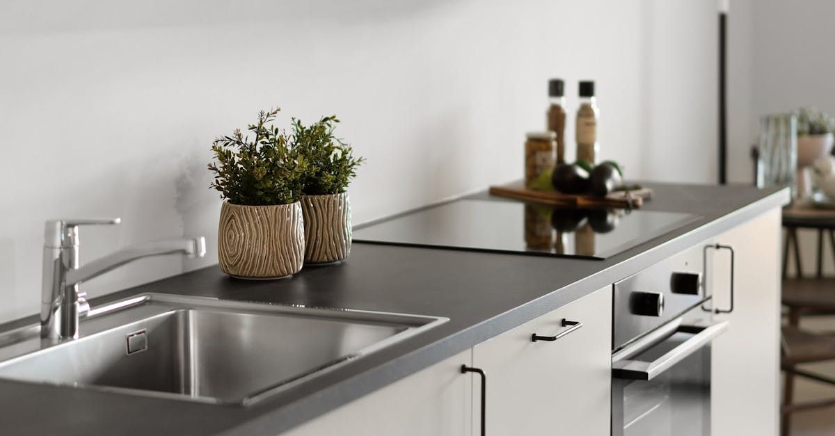 Modern white kitchen countertop with stainless sink, potted plants, and bottles on a black stovetop