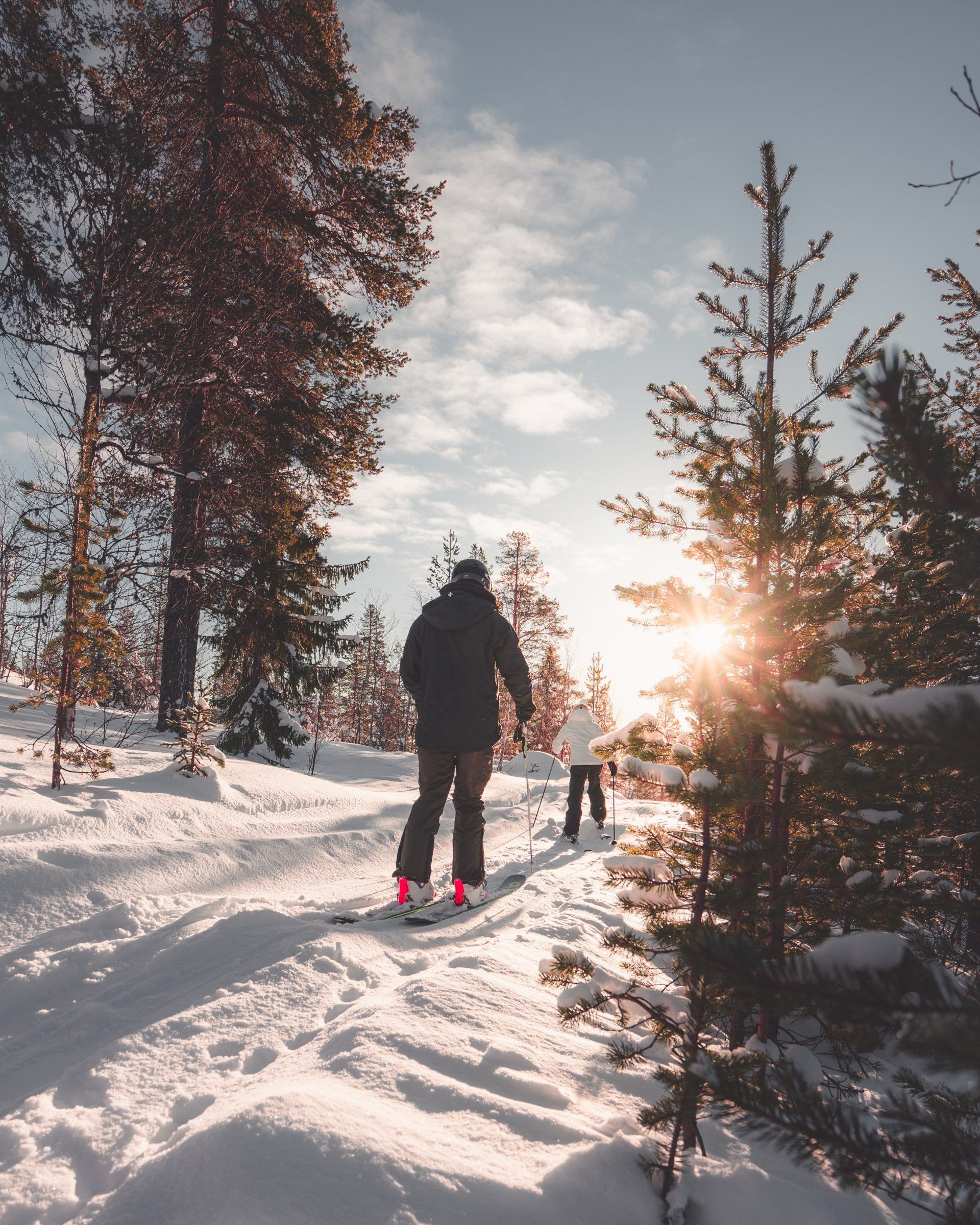 women cross country skiing through trees