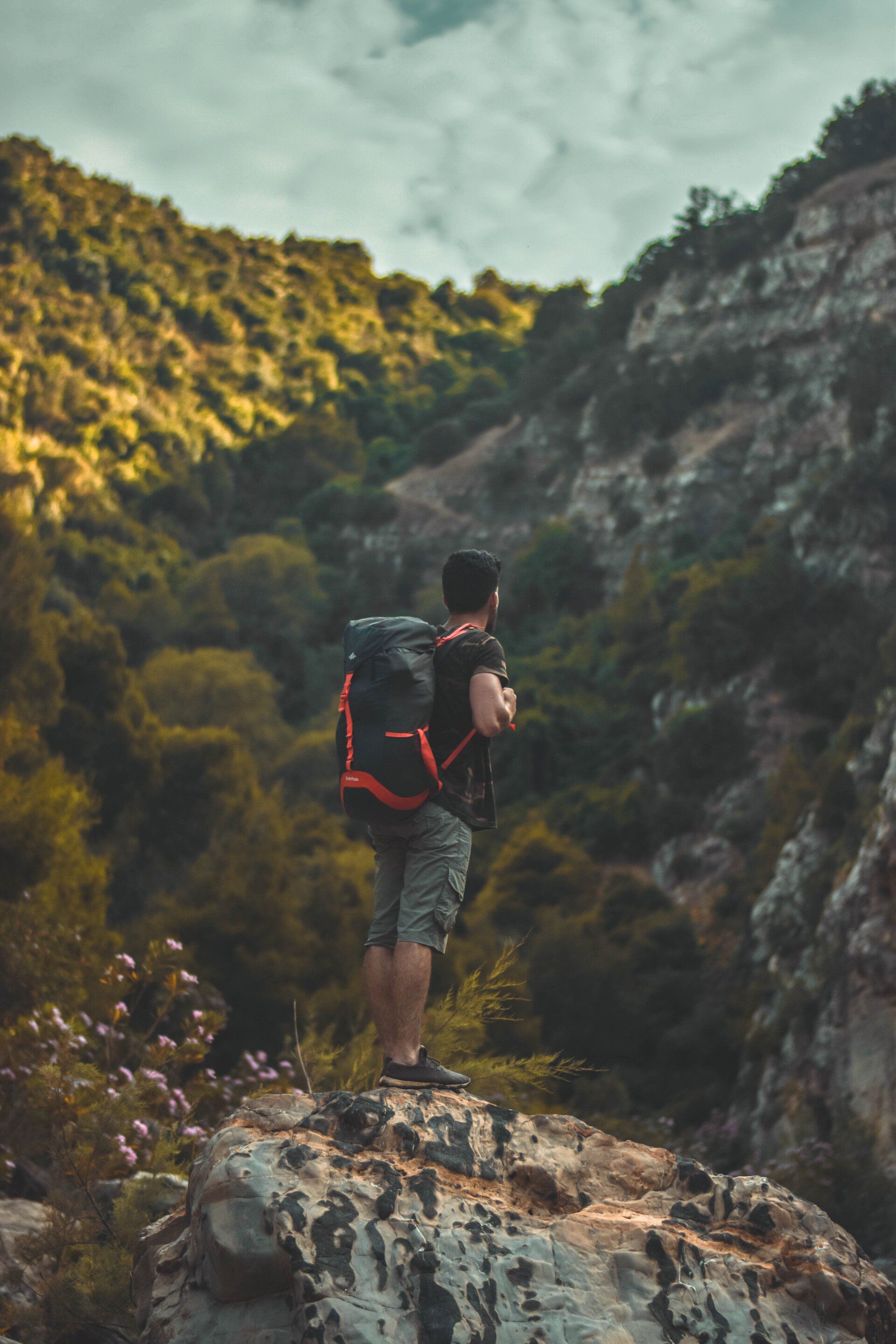 Hiker with red backpack standing on a rocky cliff overlooking a forested mountain valley