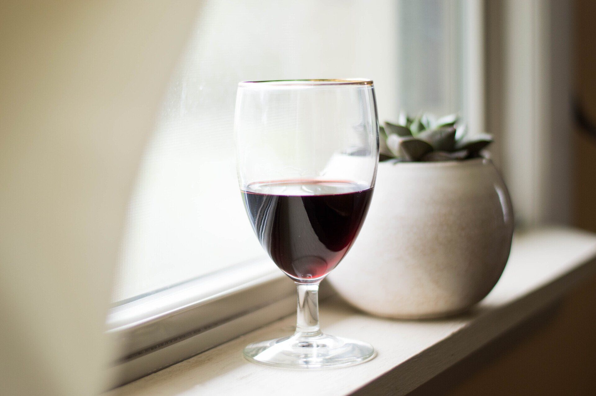 A glass of red wine is sitting on a window sill next to a potted plant.