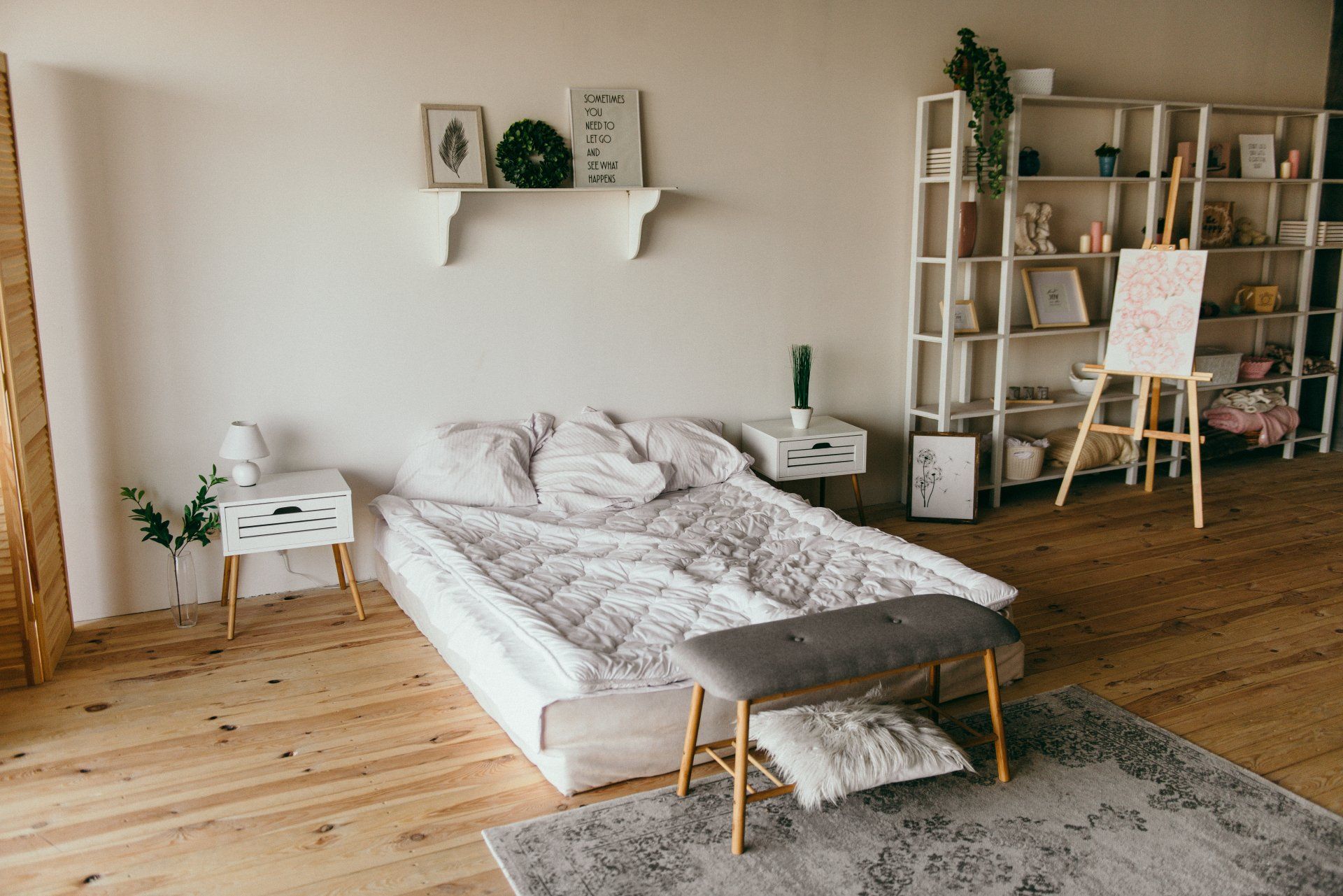 modern bedroom with wood flooring