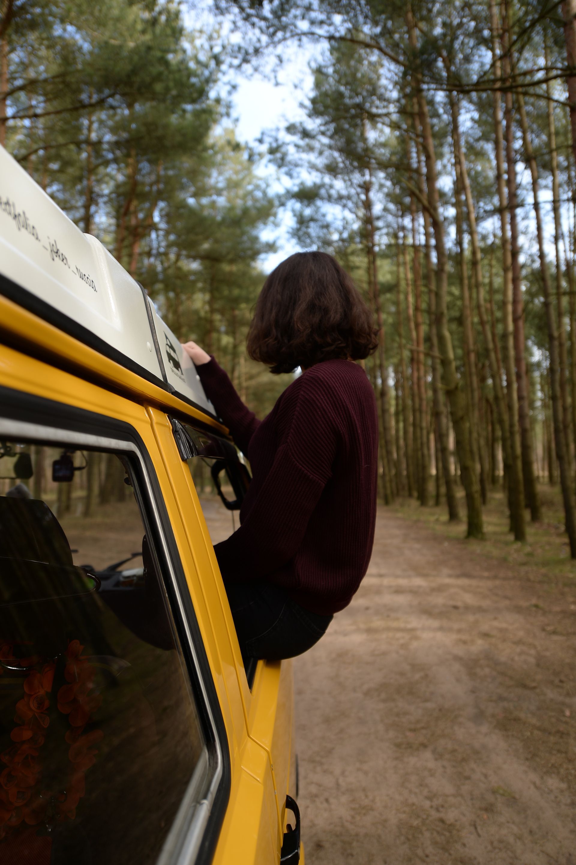 a person sitting on the car's open window