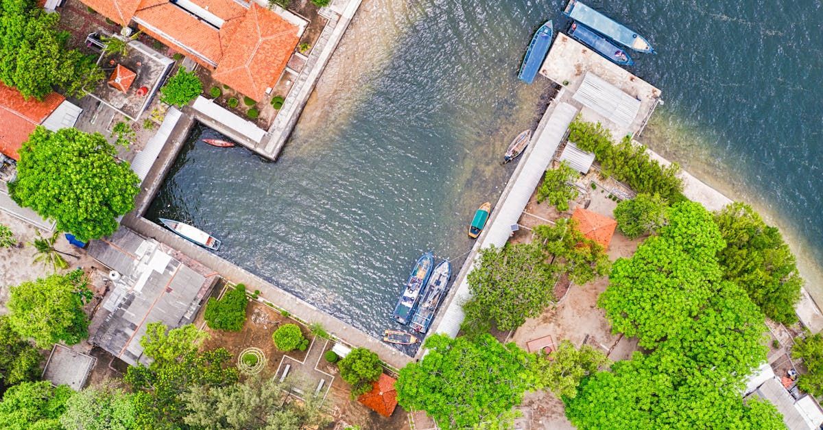 Aerial view of a rectangular harbor with boats, surrounded by green trees and buildings with orange roofs.