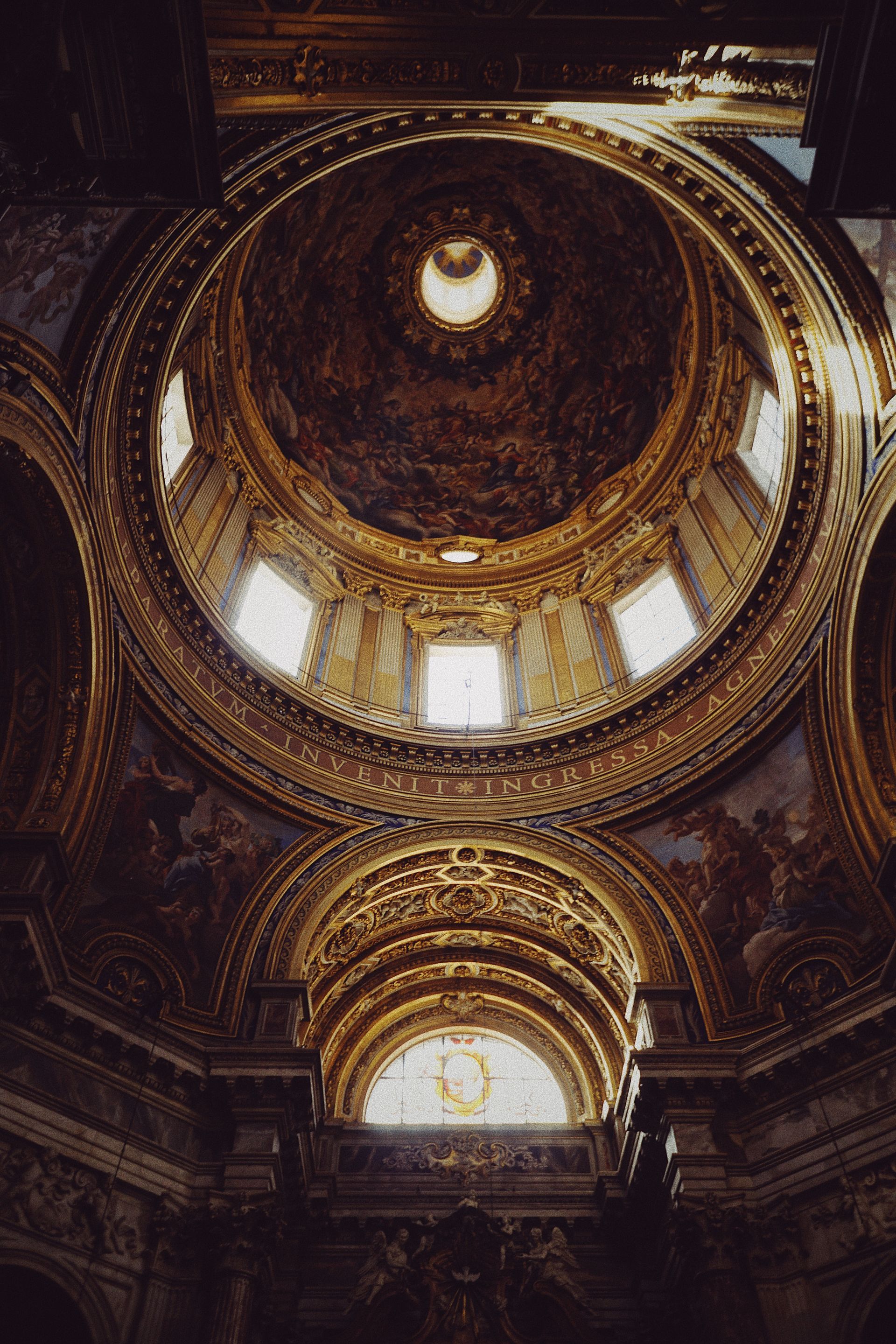 Dome and interior of Sant'Agnese in Agone, a titular church in Rome, Italy.