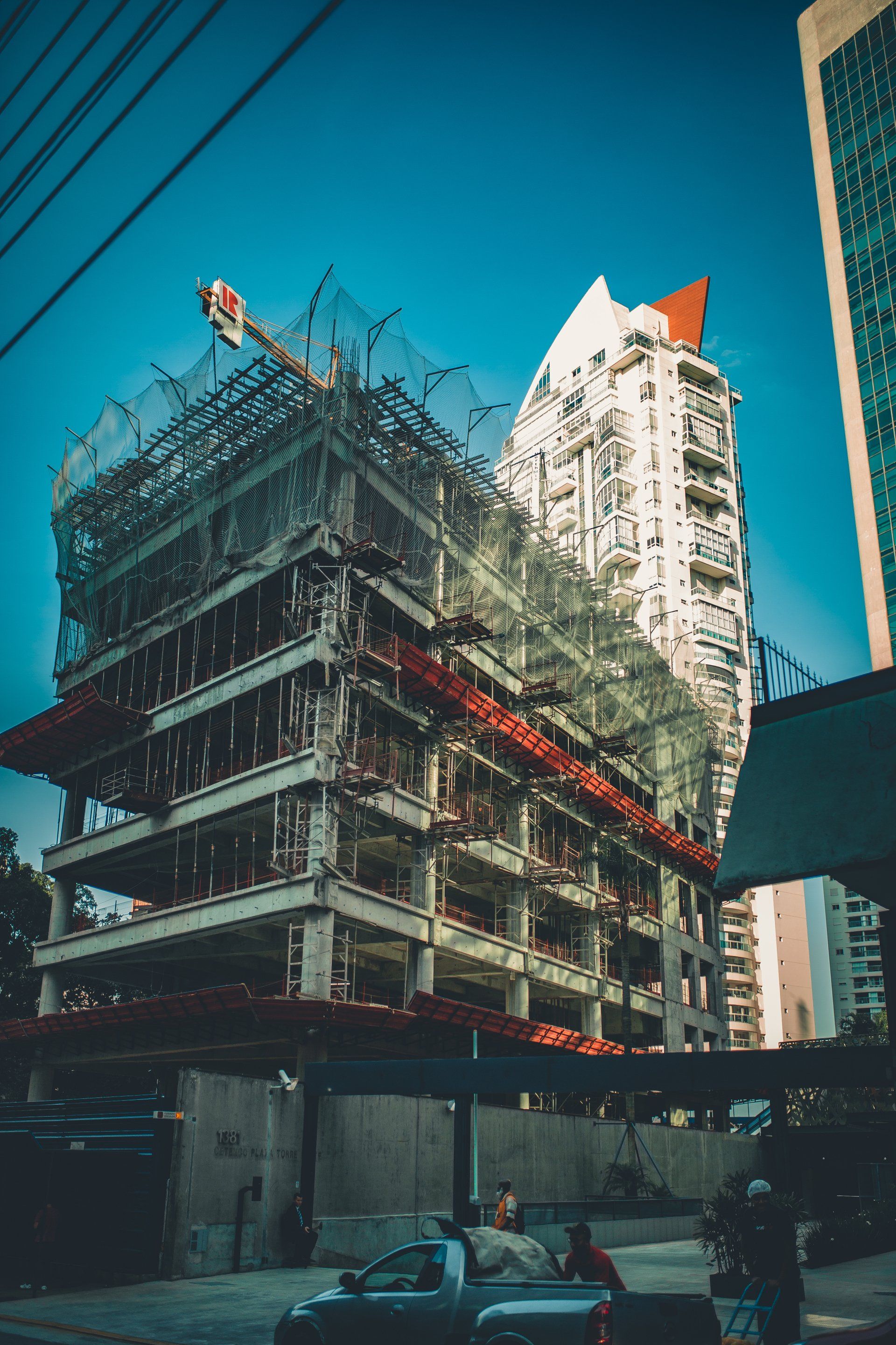 Elevated Concrete Commercial or Multifamily or Mixed-Use Construction Project with Debris and Fall Nets on 3rd Level