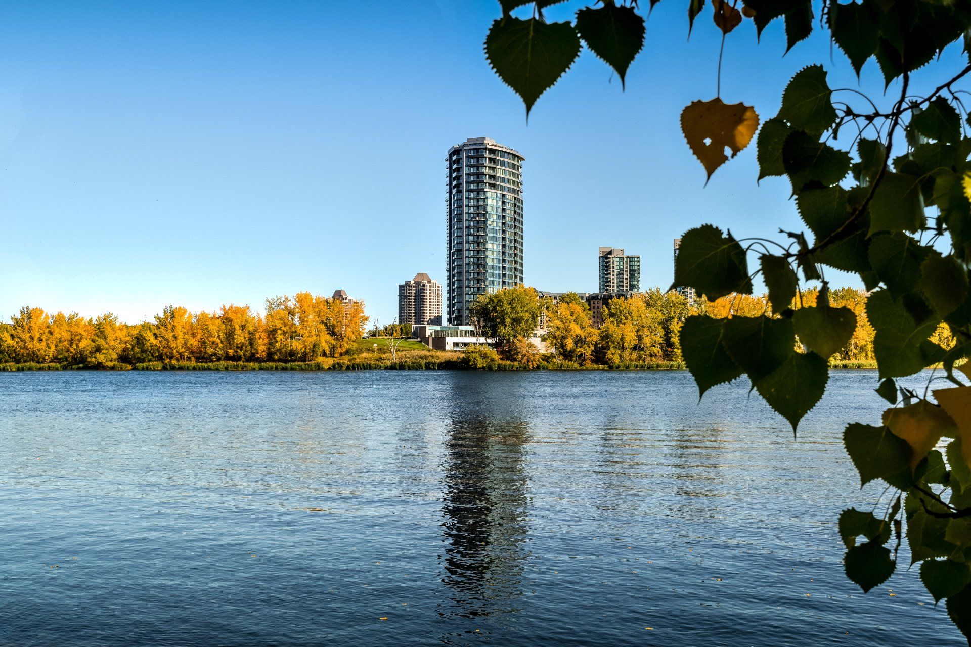 A large body of water with a tall building in the background