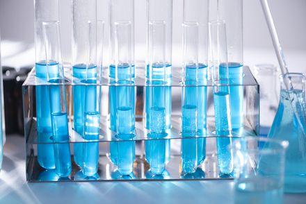 A row of test tubes filled with blue liquid on a table.