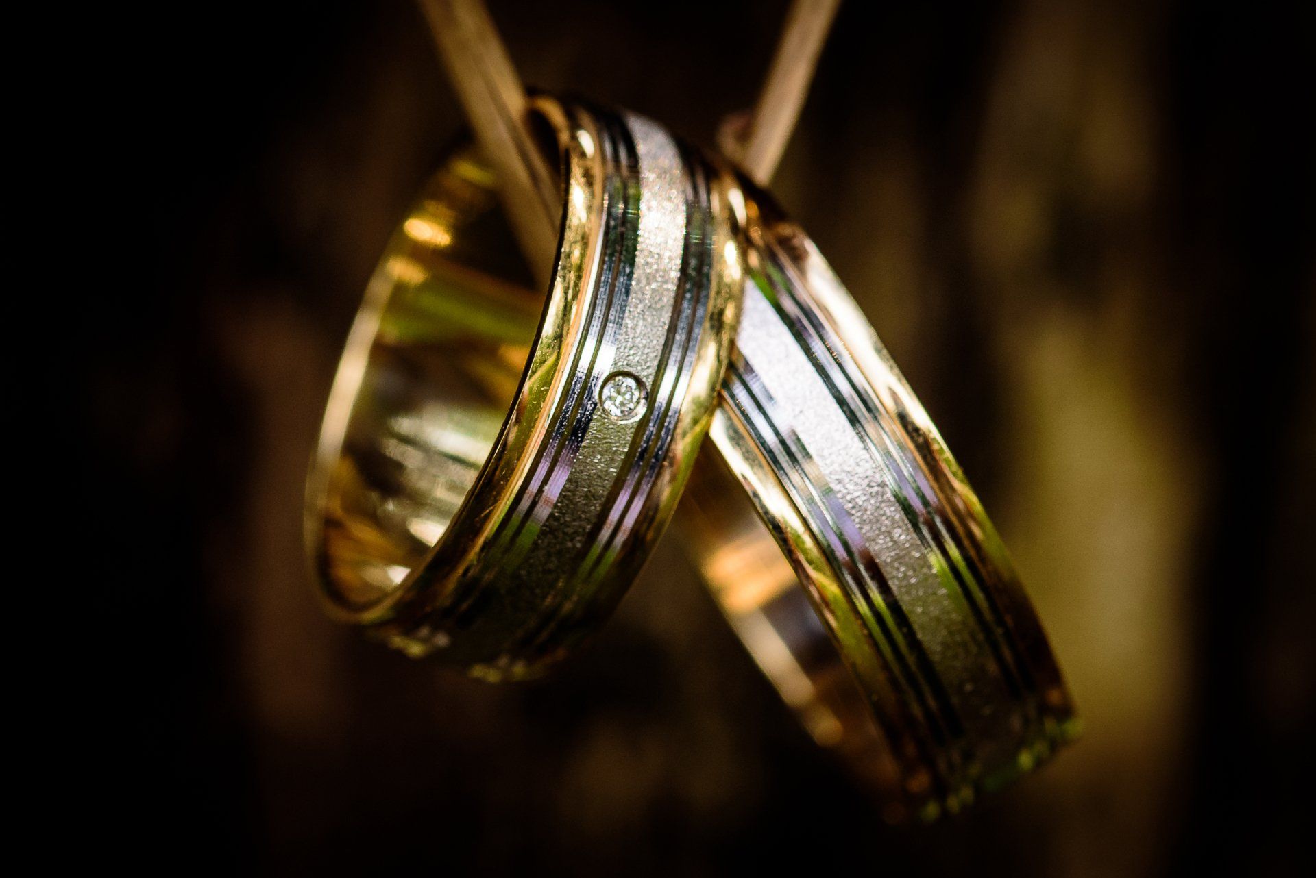 Two gold wedding rings hanging on a twig, one with a small diamond.