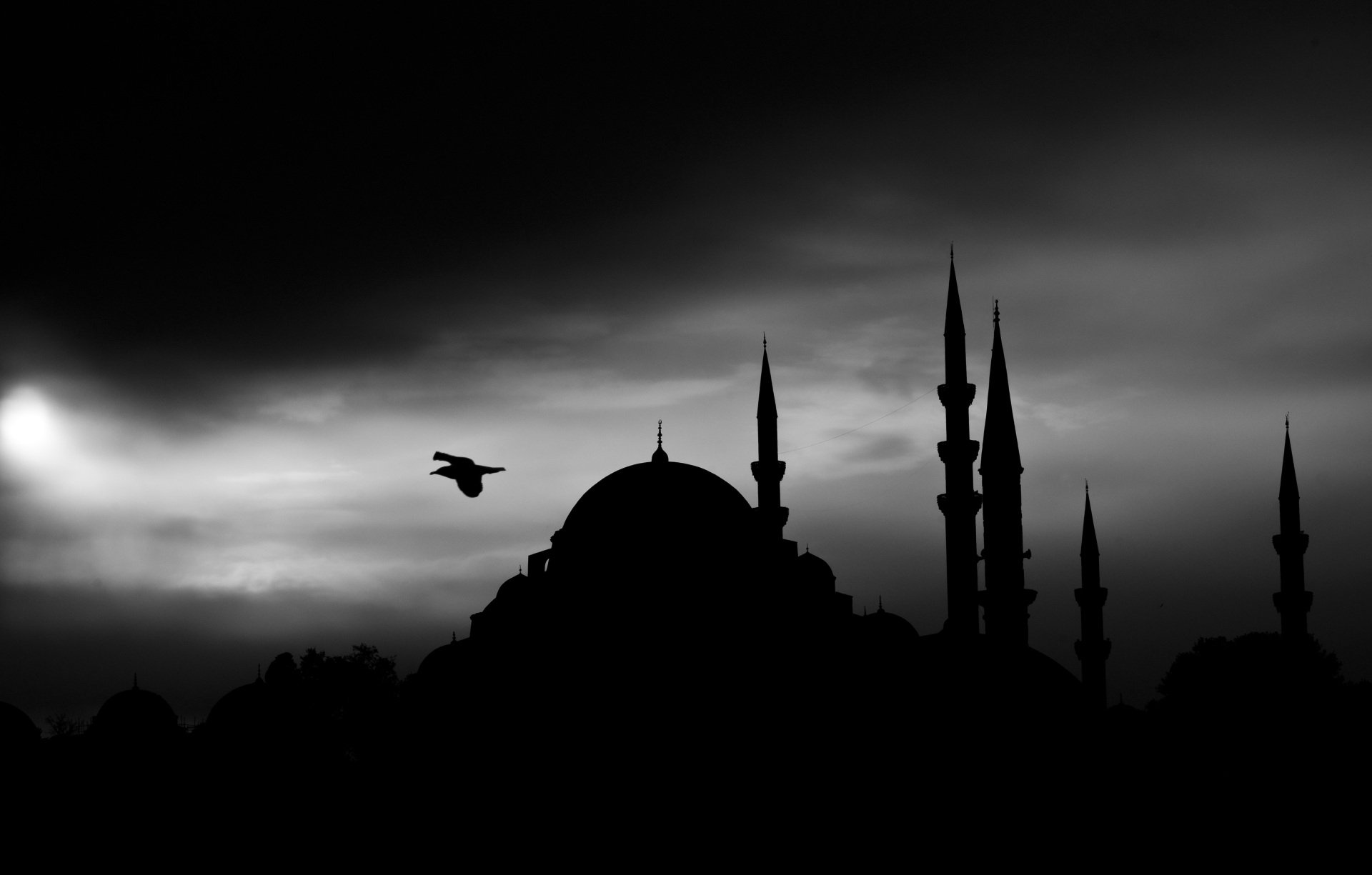 svarta siluetter av bl.a. minareter