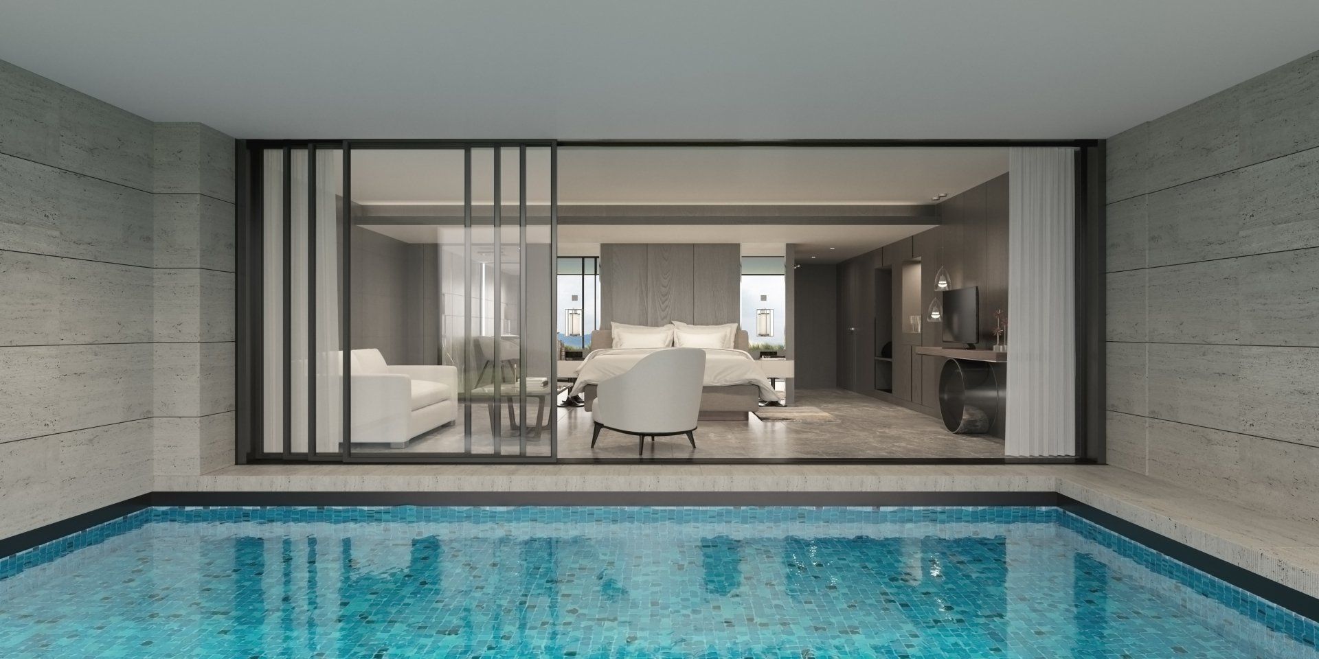 Piscina interna com vista para um quarto moderno, com portas de vidro deslizantes.