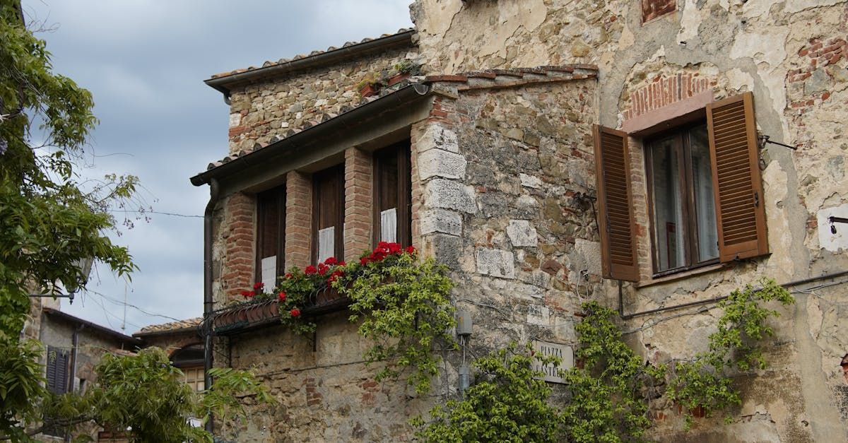 Old stone building with wooden shutters and window boxes overflowing with red flowers.