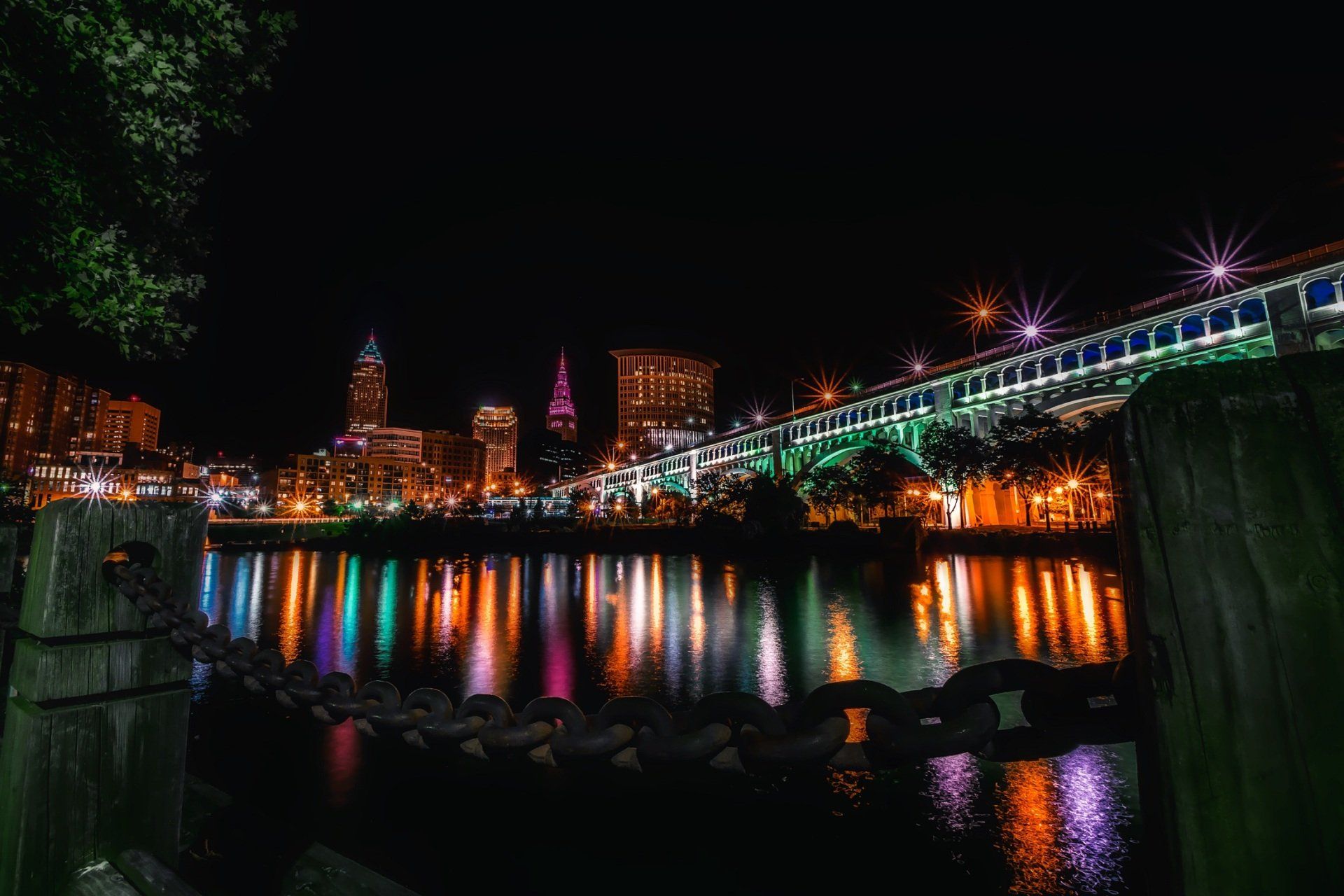 A bridge over a body of water with a city in the background