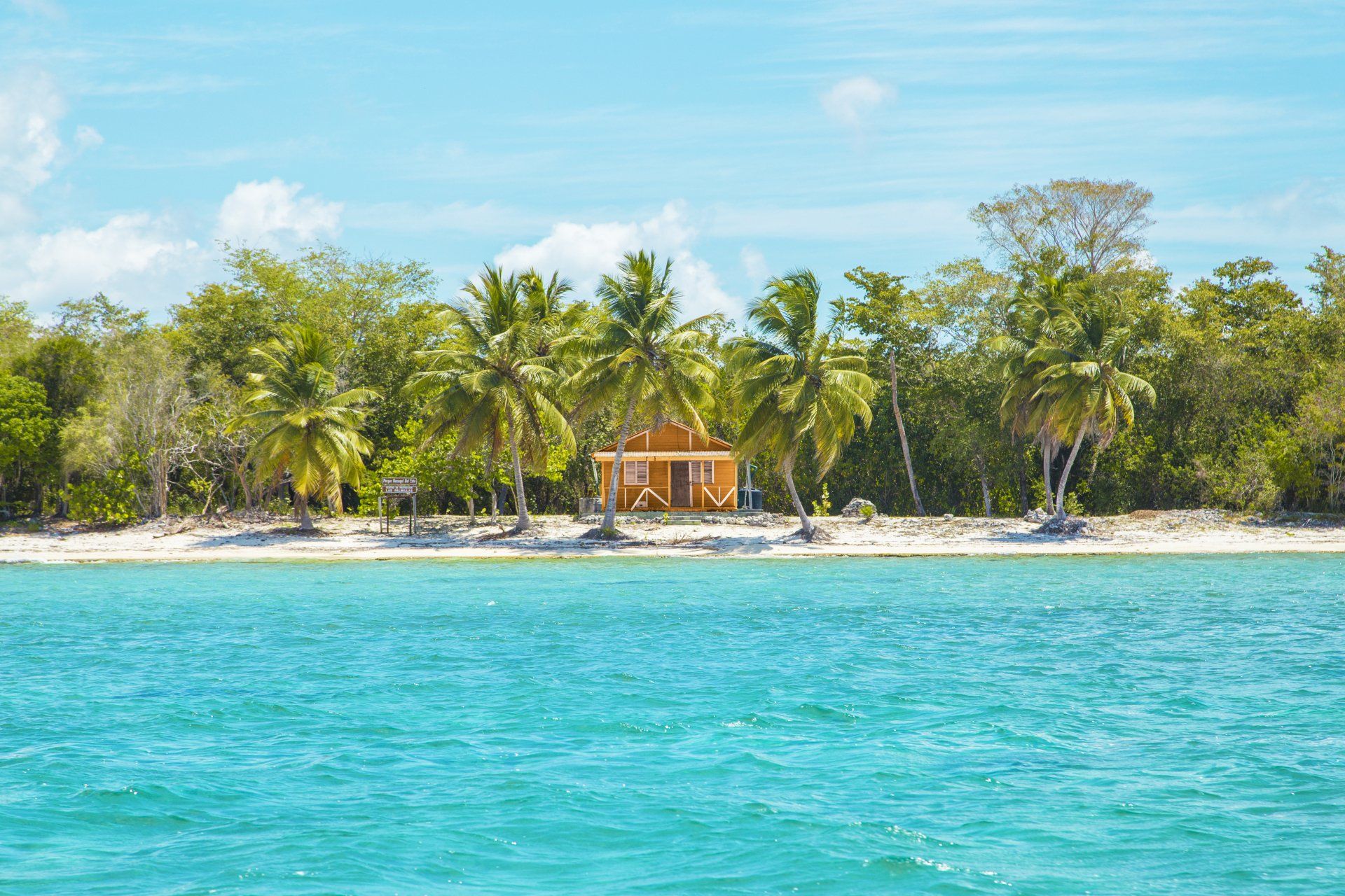 A small house on a small island in the middle of the ocean surrounded by palm trees.