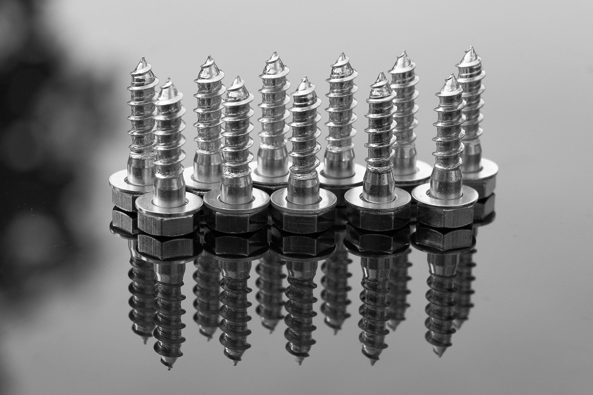 eleven nuts and bolts lined up
