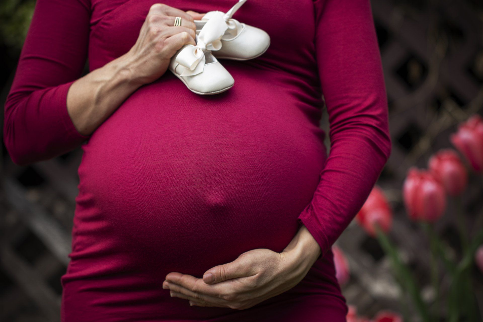 Pregnant woman in red dress holds baby shoes, cradling her belly near red tulips.