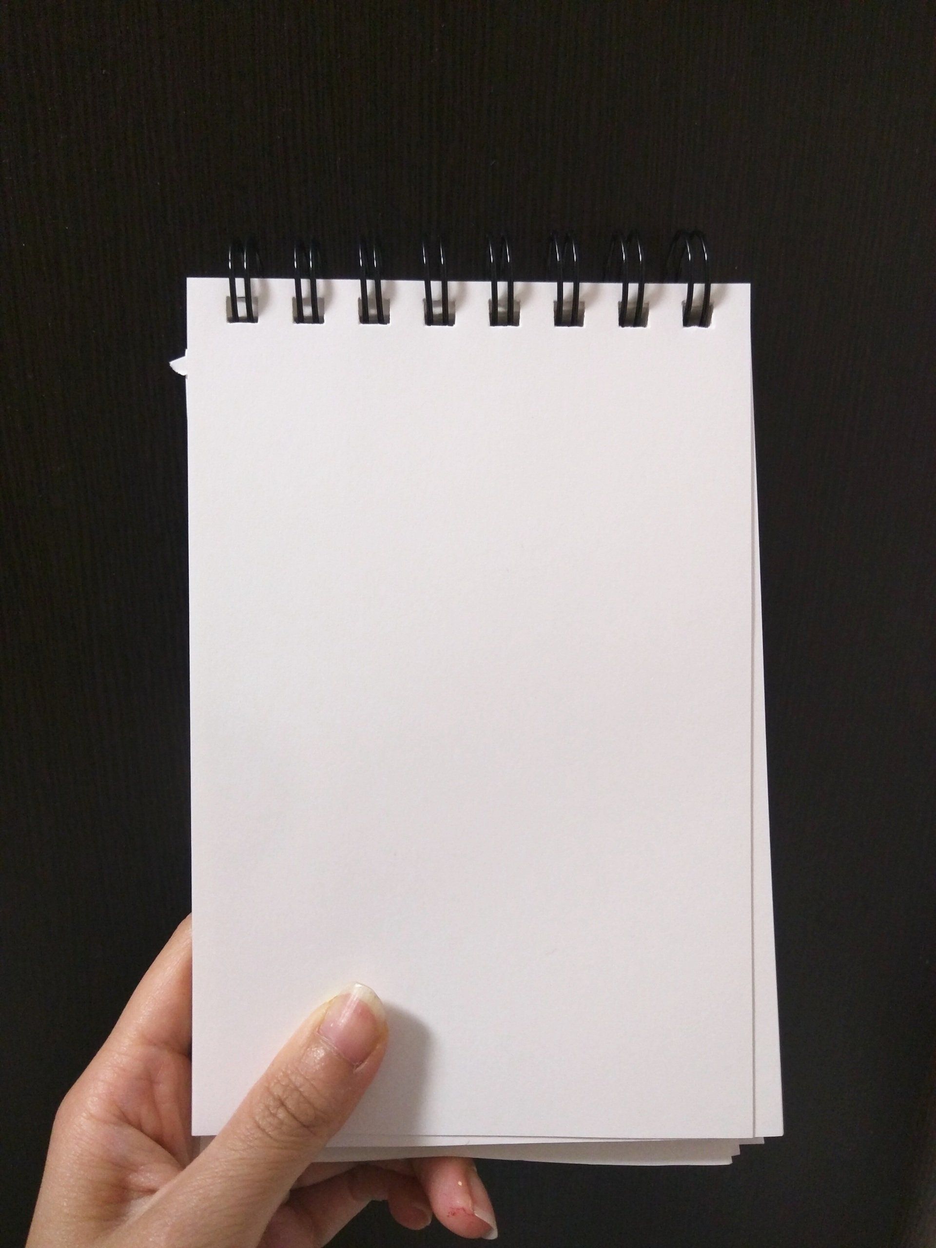 Hand holding a blank white spiral-bound notepad against a dark background.