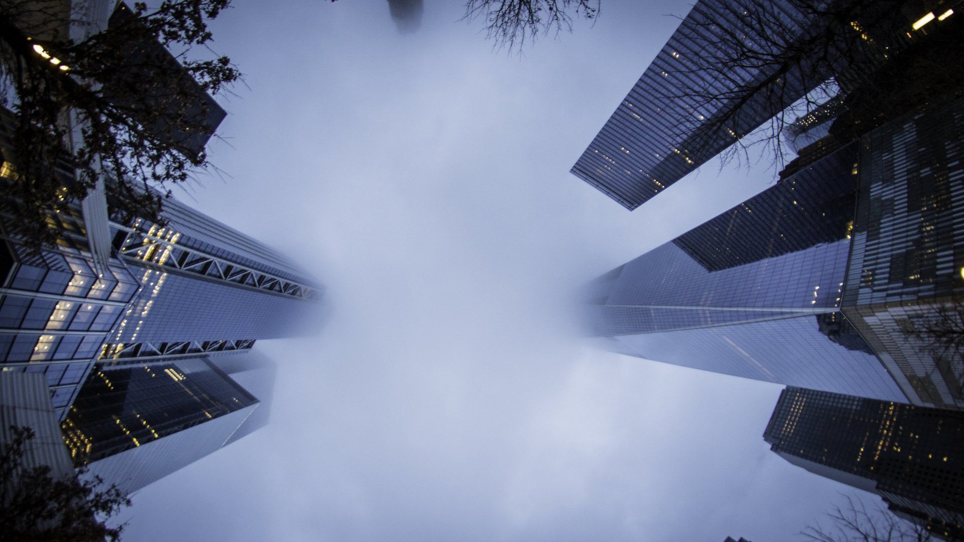 Looking up at a group of tall buildings in the fog.