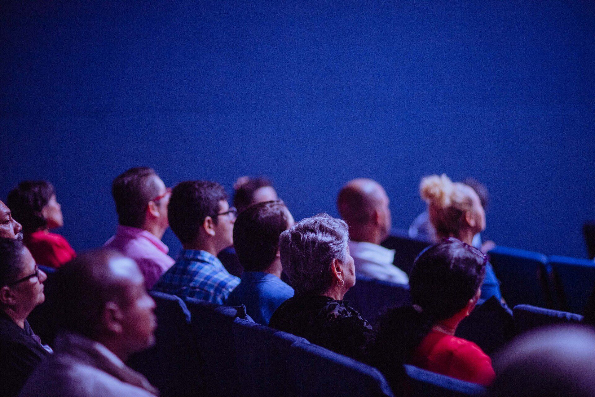 A group of people are sitting in a theater watching a movie.