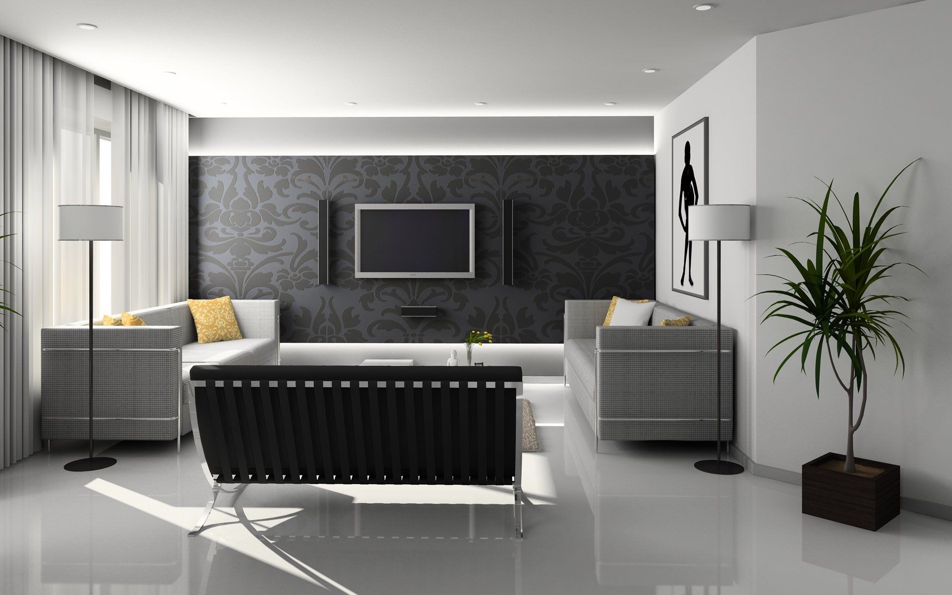 Modern living room with gray sofas, black accent wall, white curtains, and a potted plant