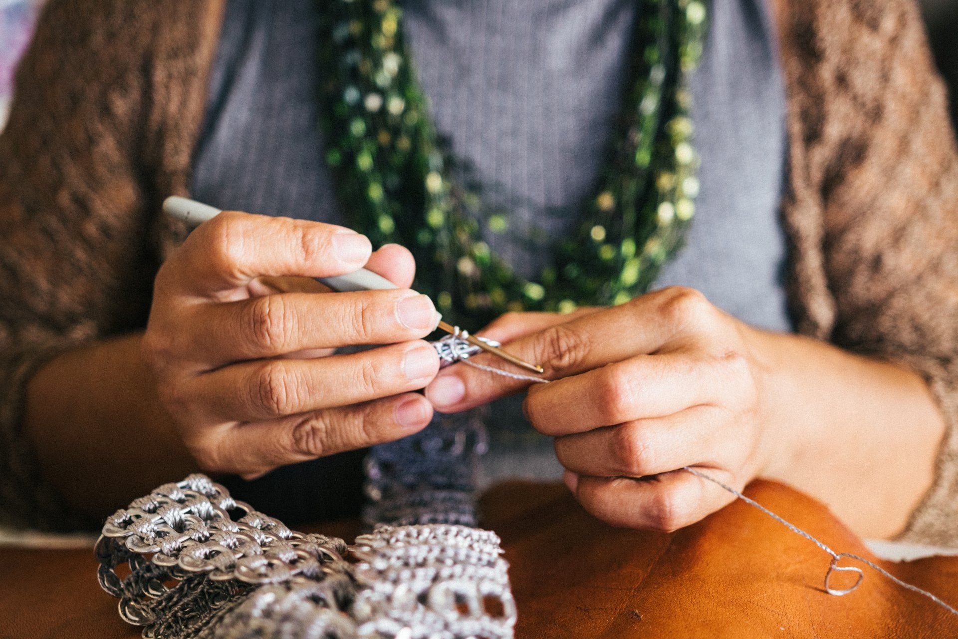 Close up of a lady knitting
