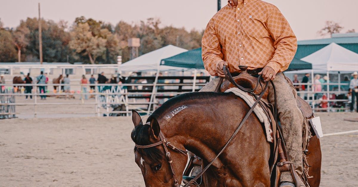 A man is riding a brown horse in a rodeo arena.