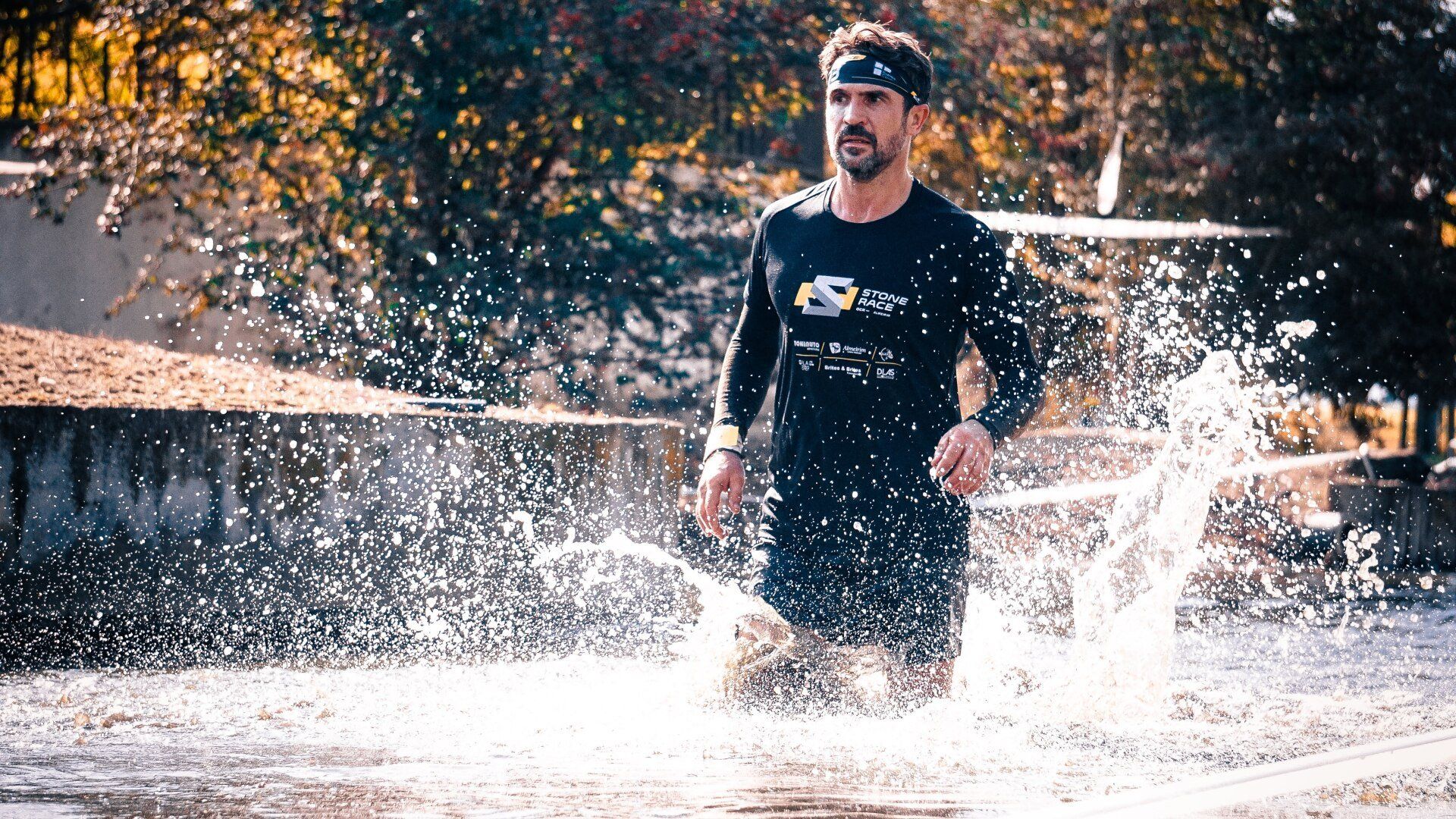 Photo gallery showing a mud run obstacle course, outdoor ice skating rink, waterslide, and horse running through water