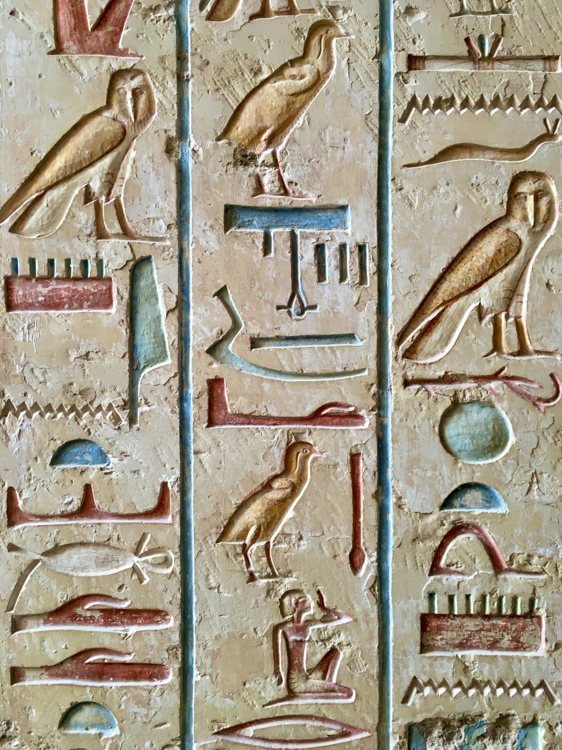 Egyptian hieroglyphs carved into a stone wall. Birds and other symbols in various colors.