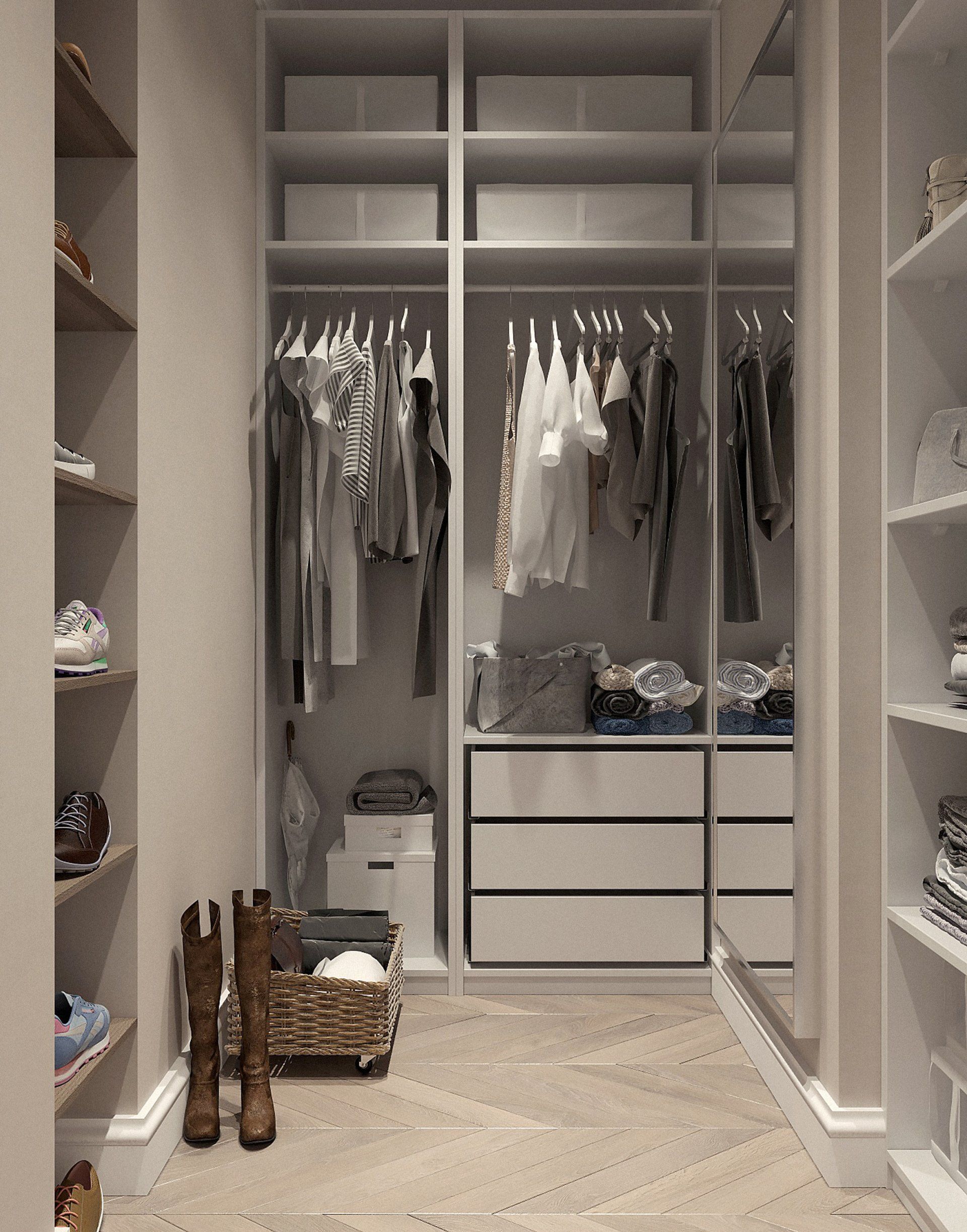 A walk in closet filled with lots of clothes and shoes.