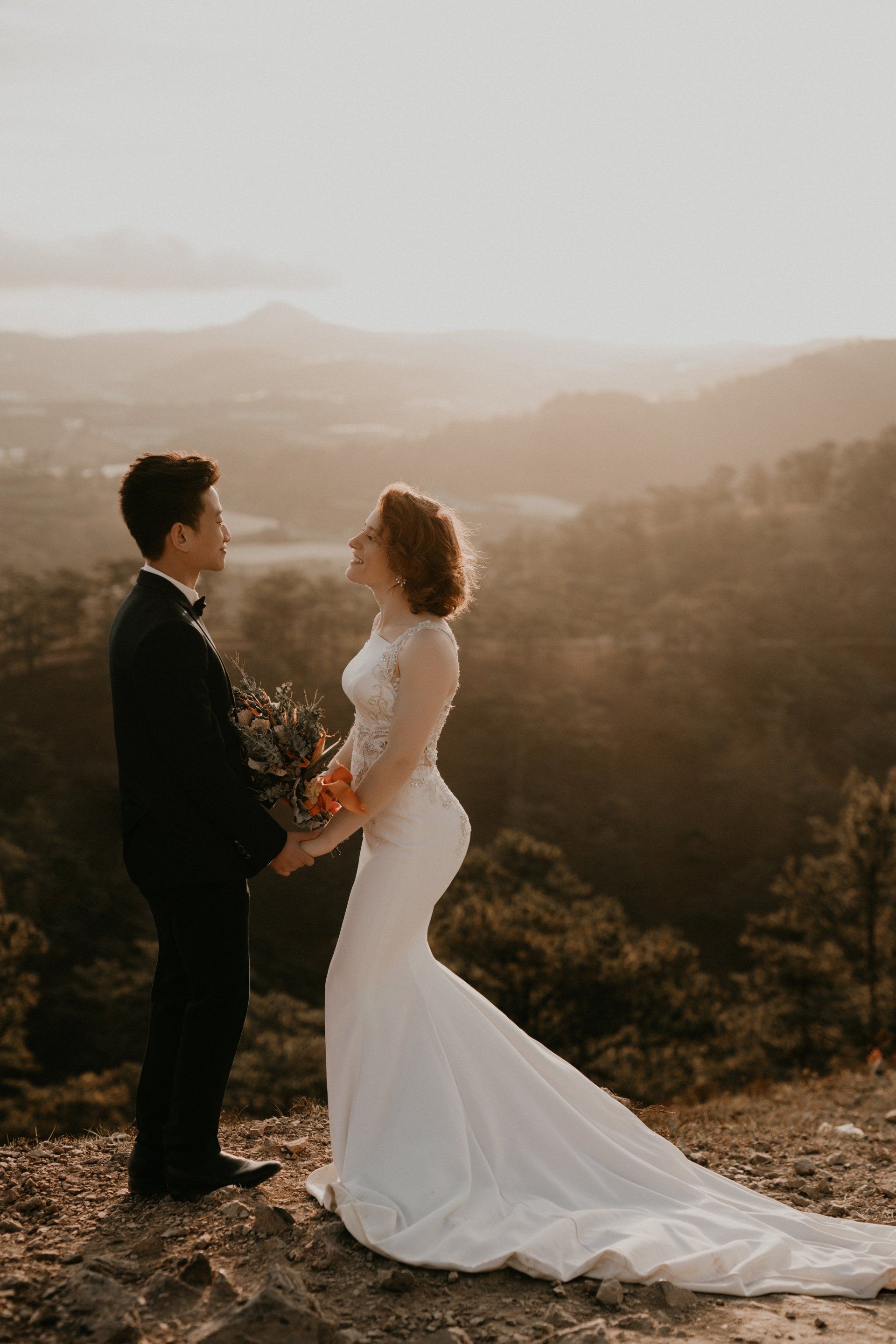 A bride and groom are standing on top of a hill holding hands.