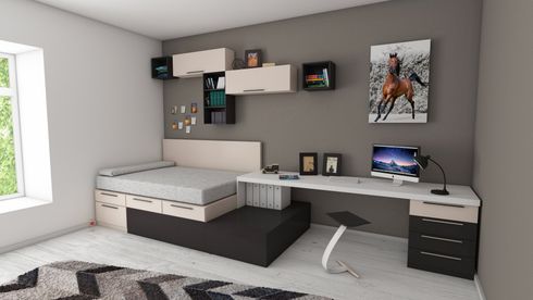 A bedroom with a bed , desk and computer.
