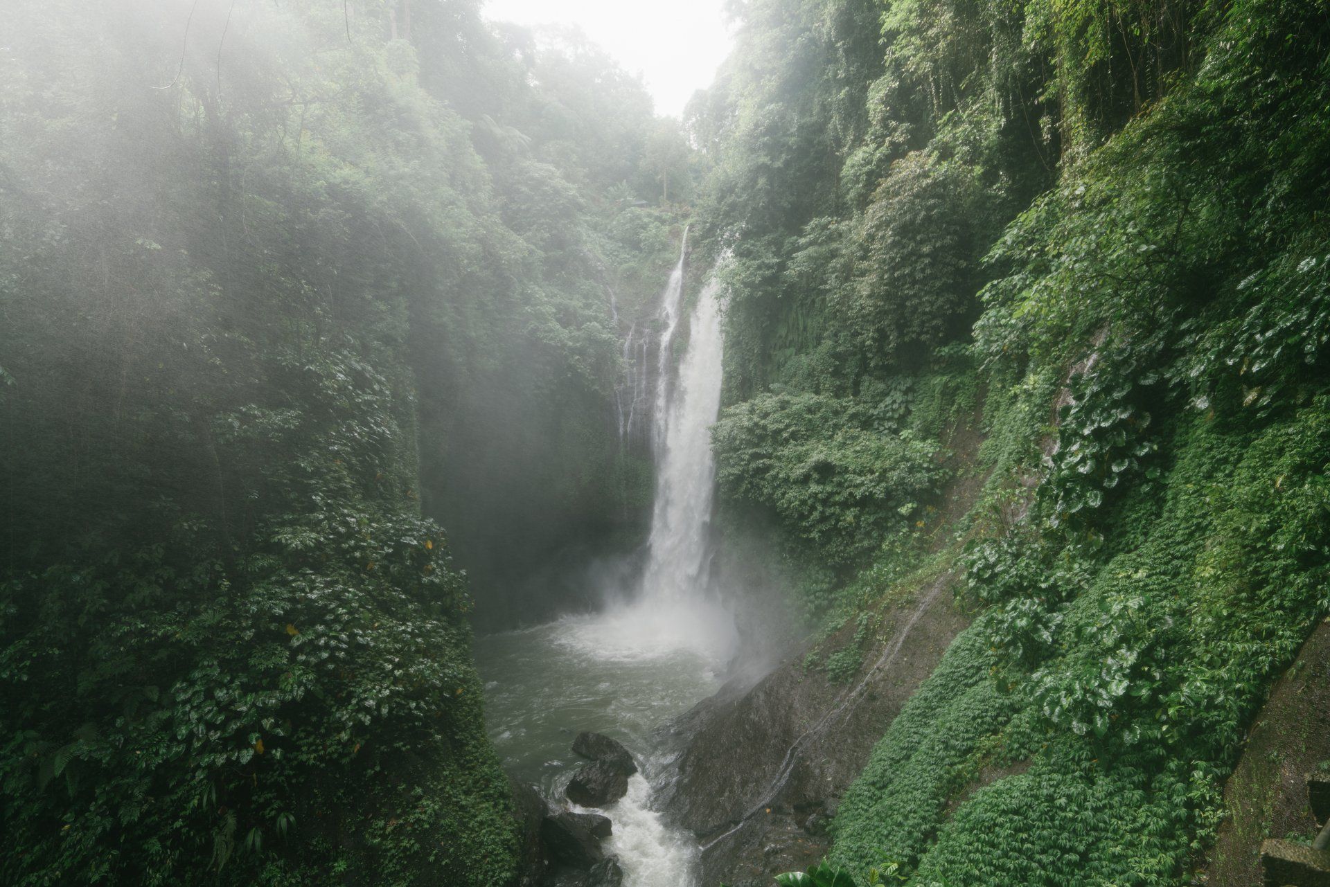 Waterfall cascading into a pool, surrounded by lush green vegetation and mist.