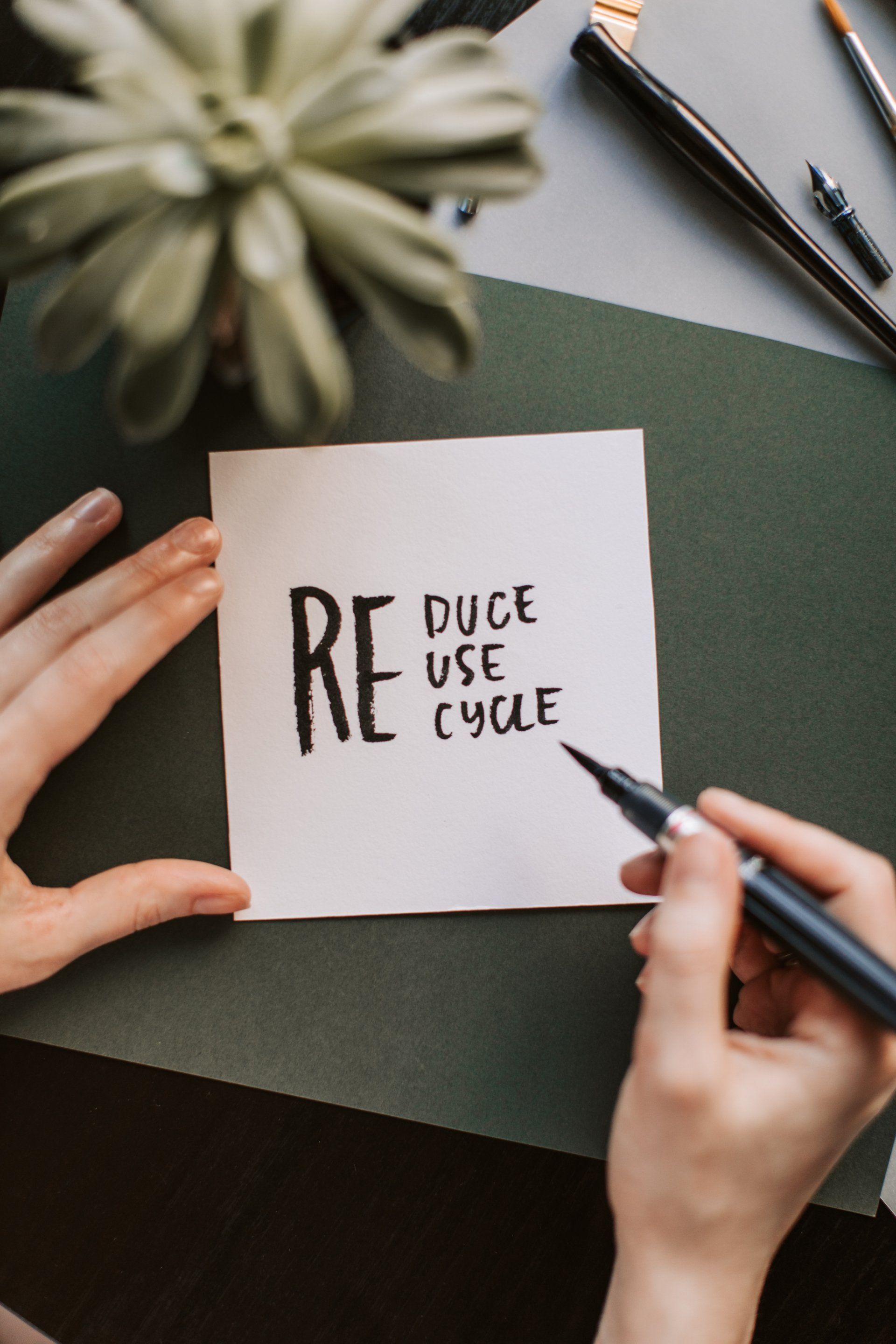 An image showcasing recycling and garbage bins, encouraging Bay Area residents to reduce, reuse, and recycle, while also highlighting the option to create their own utility account through the property management company's website.