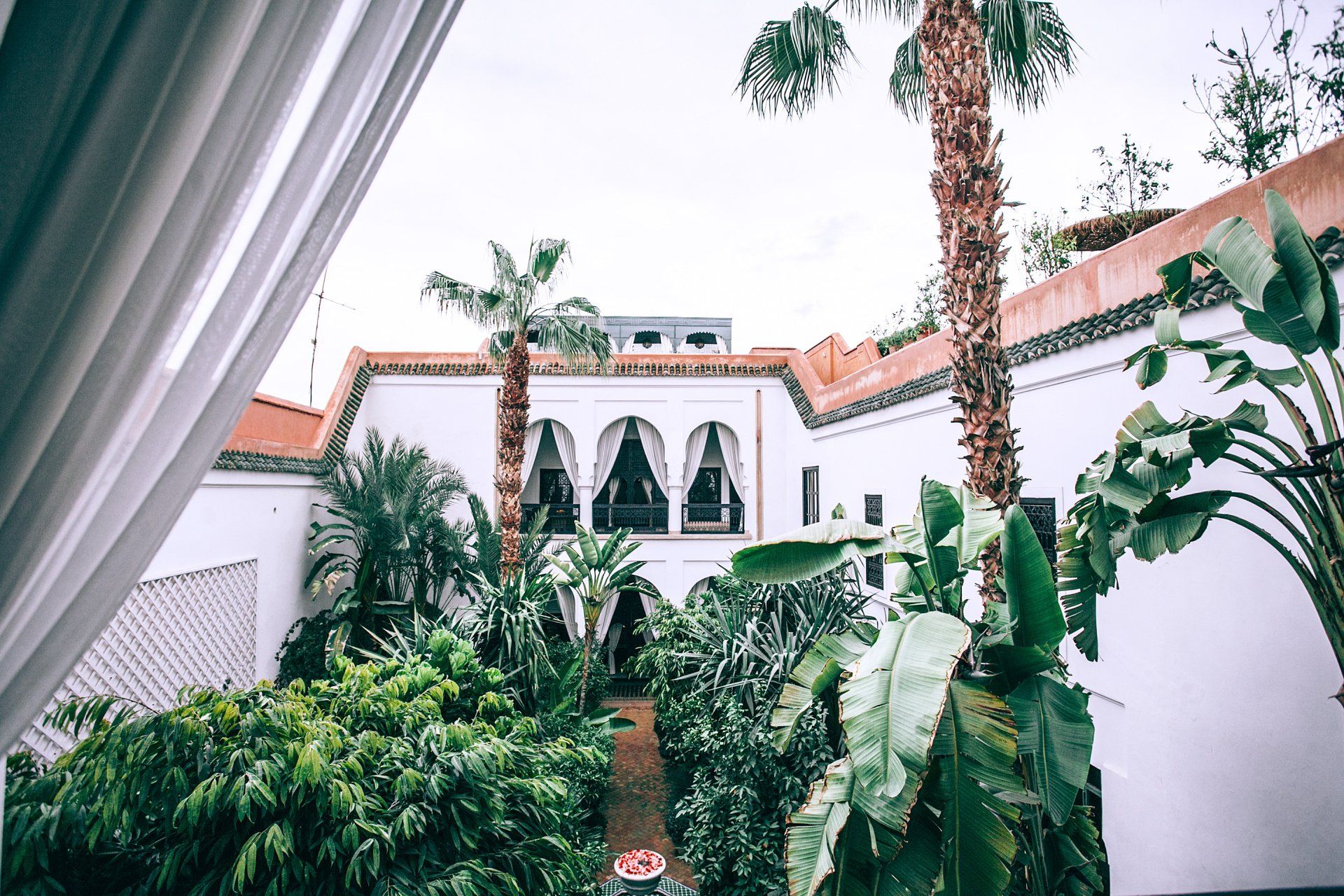 A white building with palm trees in front of it