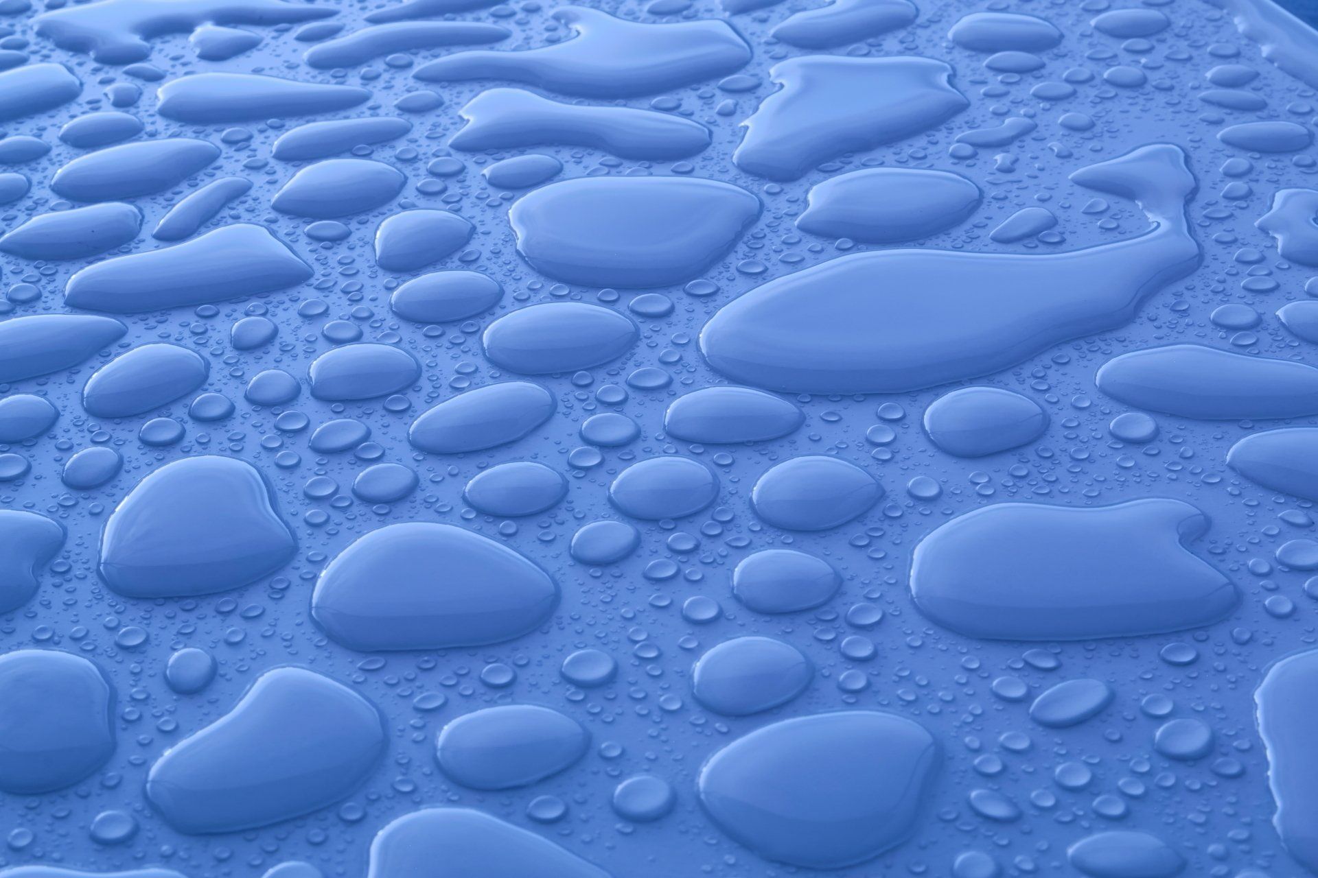 Blue water droplets on a smooth surface