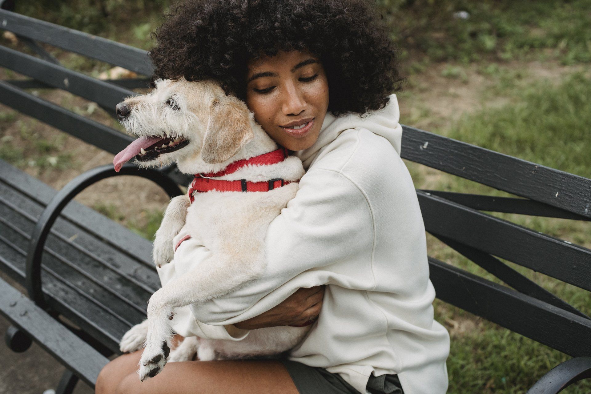 A woman is sitting on a park bench holding a dog.