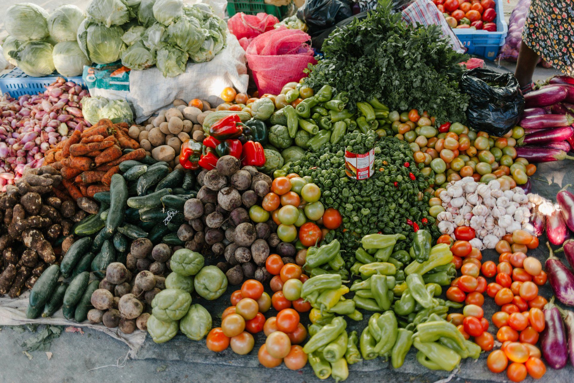 Pile of fresh produce at an outdoor market, including tomatoes, peppers, and eggplants.