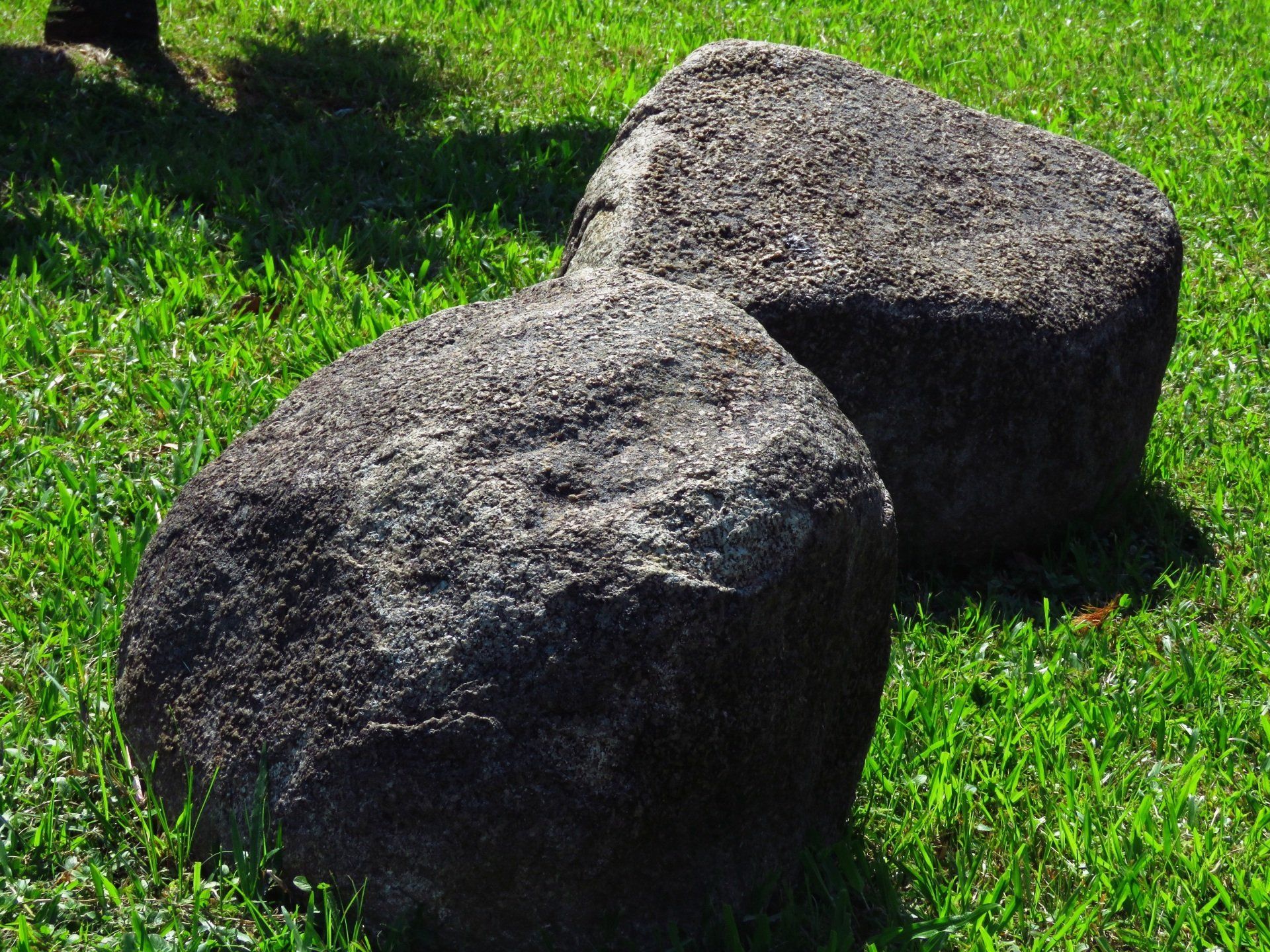Two large dark gray rocks on green grass in sunlight