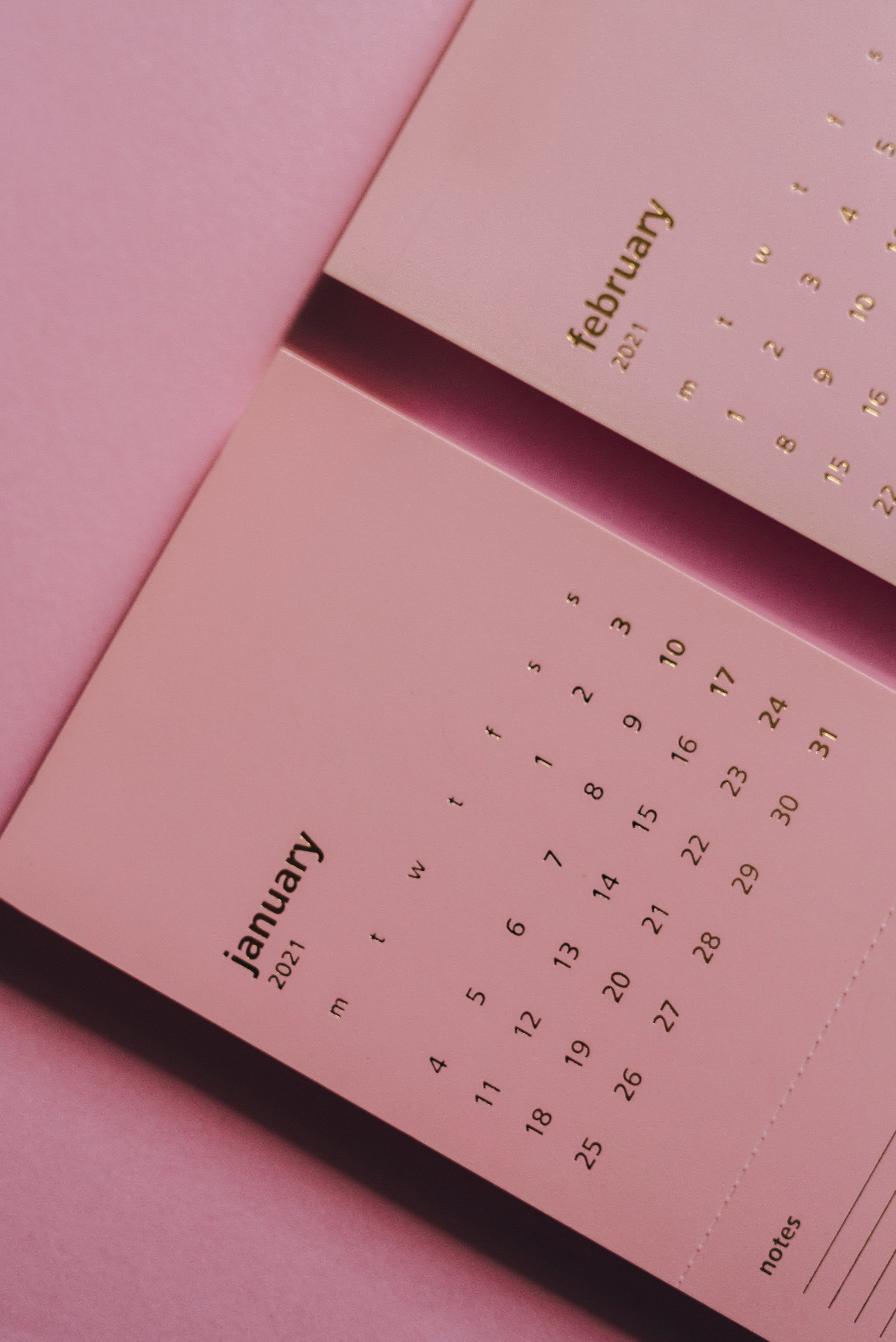 Pink calendar open to January and February 2021. Gold text and numbers on pink paper.
