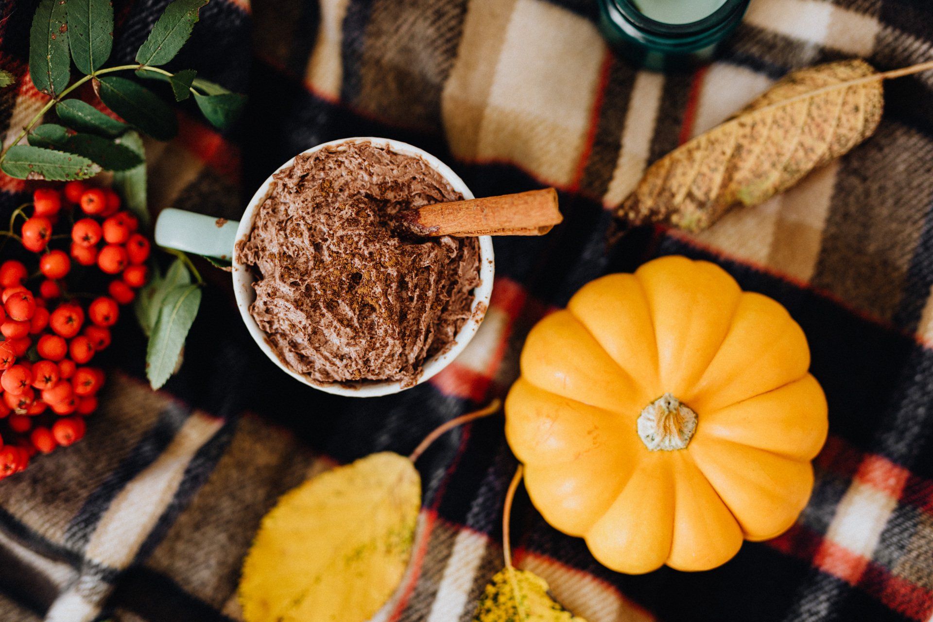 A mug of hot chocolate with a cinnamon stick, a small pumpkin, red berries, and autumn leaves on a plaid blanket.