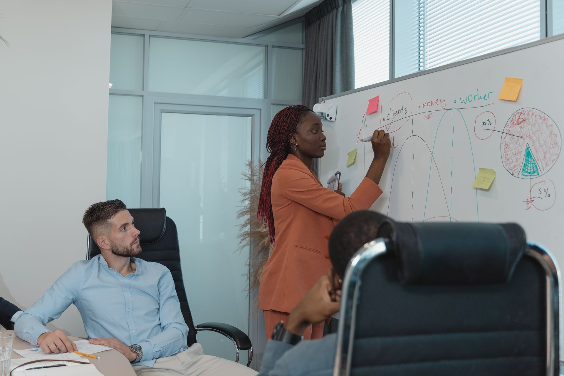 A woman is writing on a whiteboard while a man sits in a chair.
