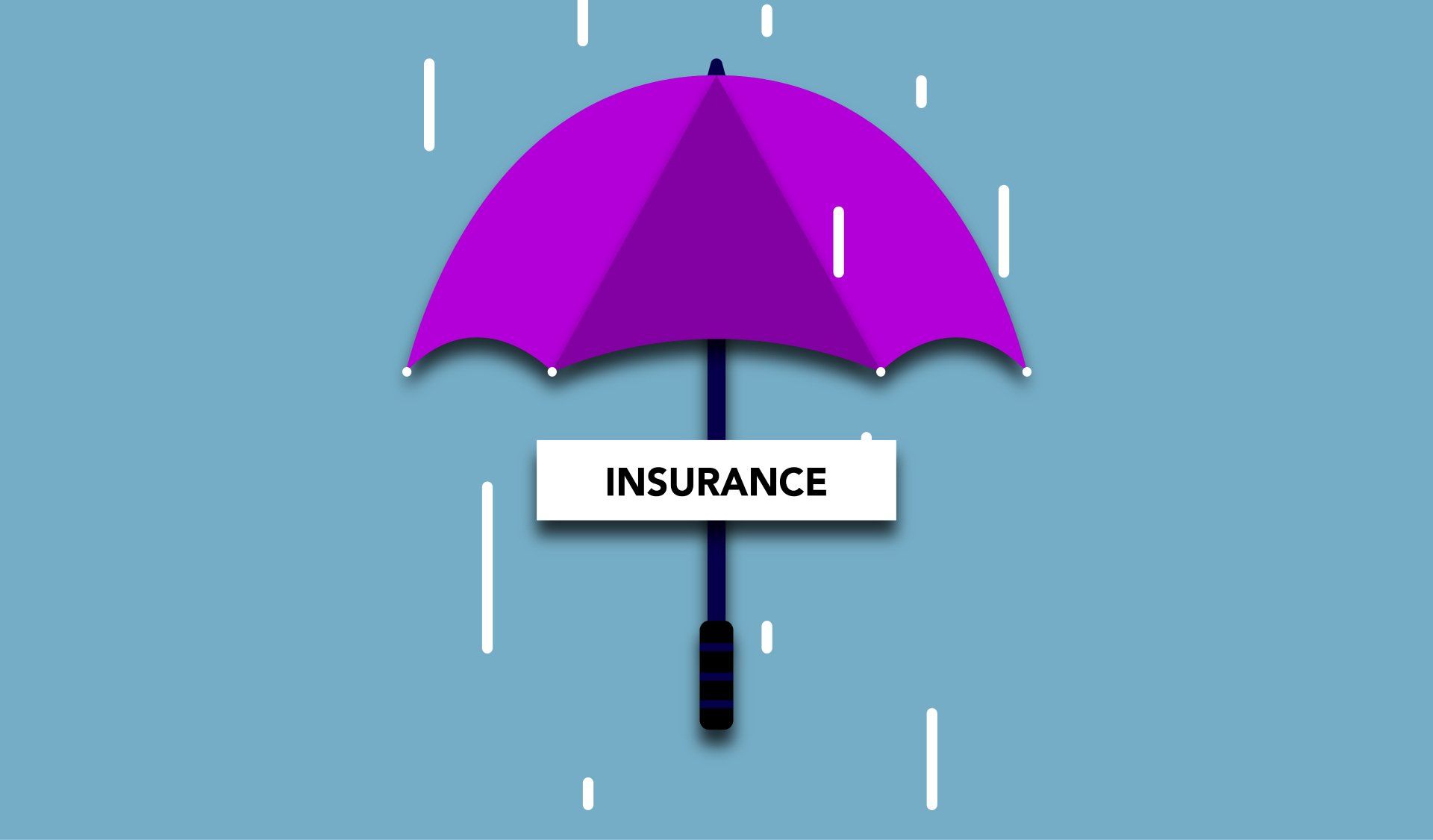 A purple umbrella with a sign underneath it that says `` insurance ''.