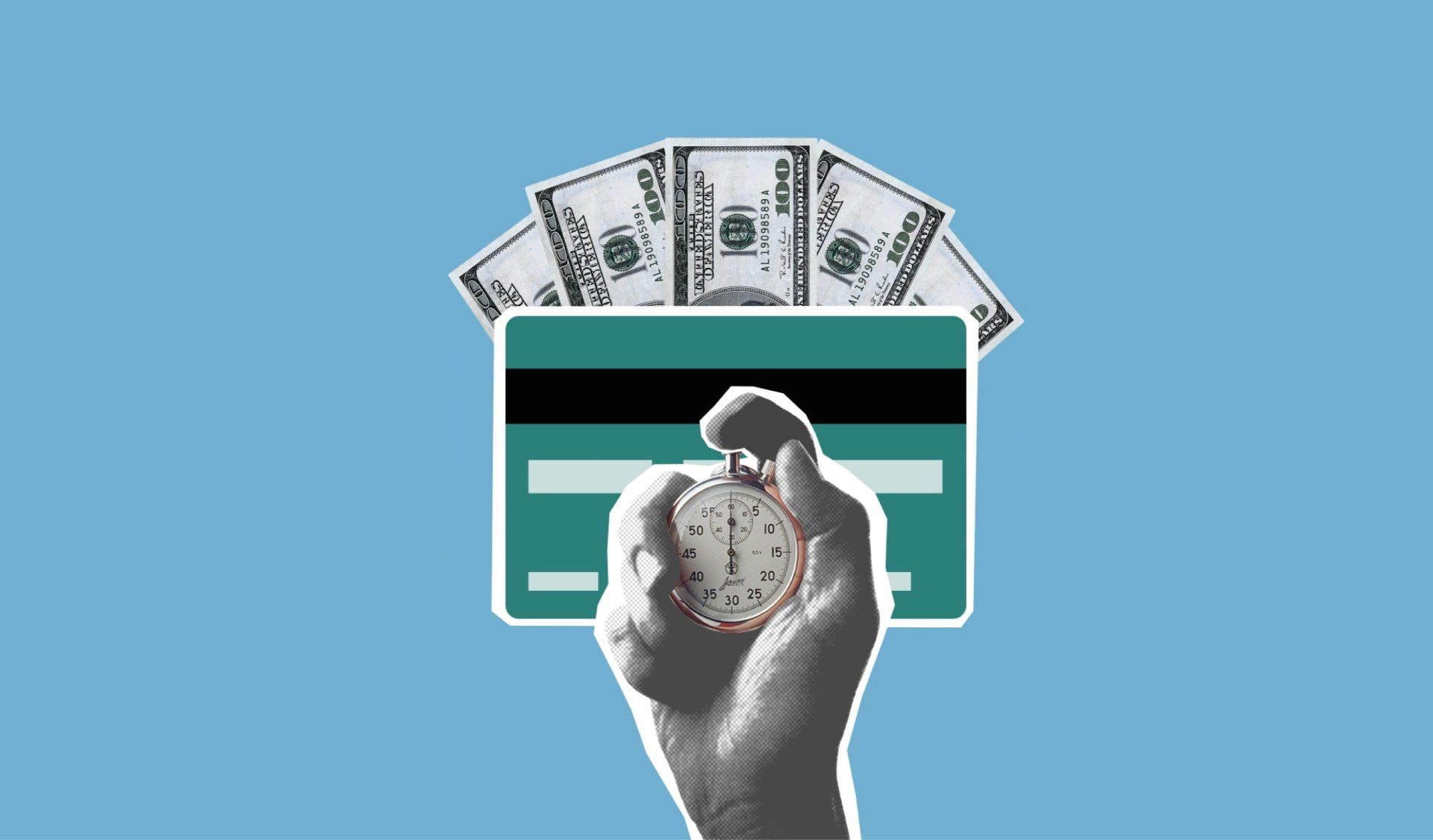 Peter Lama from Lend18 is holding a stopwatch in front of a credit card and money.