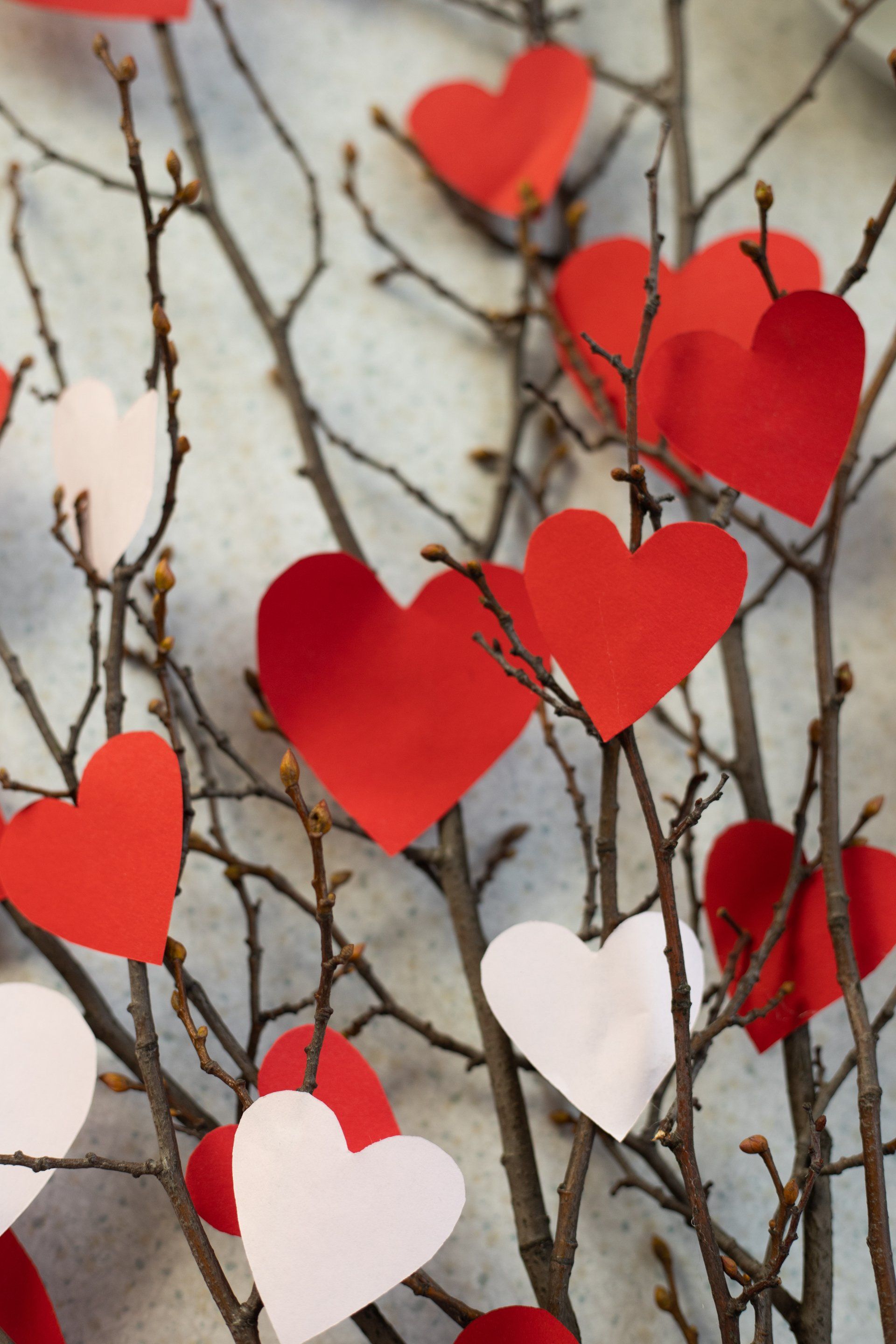 a tree with red hearts on the branches