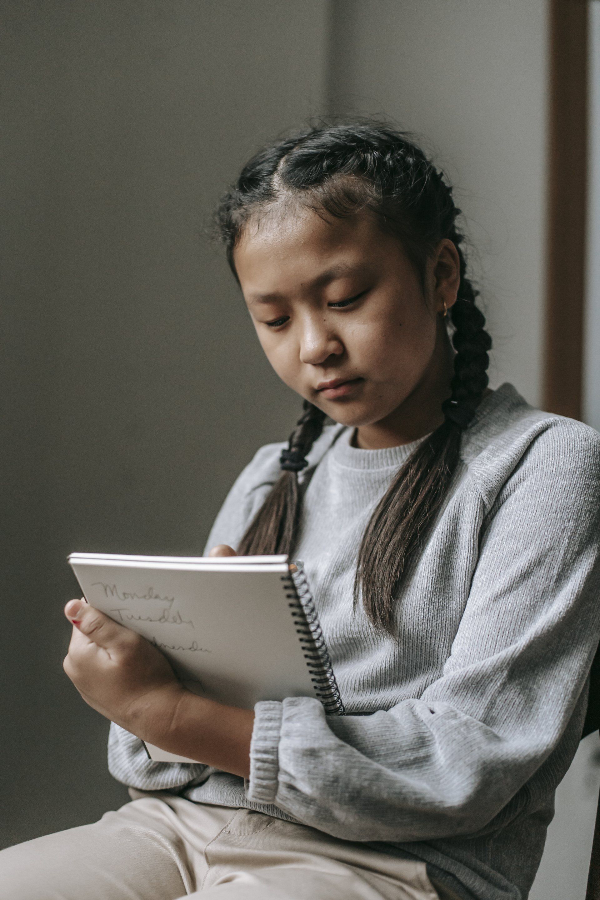 Girl with braided hair writing in a spiral notebook, indoors.
