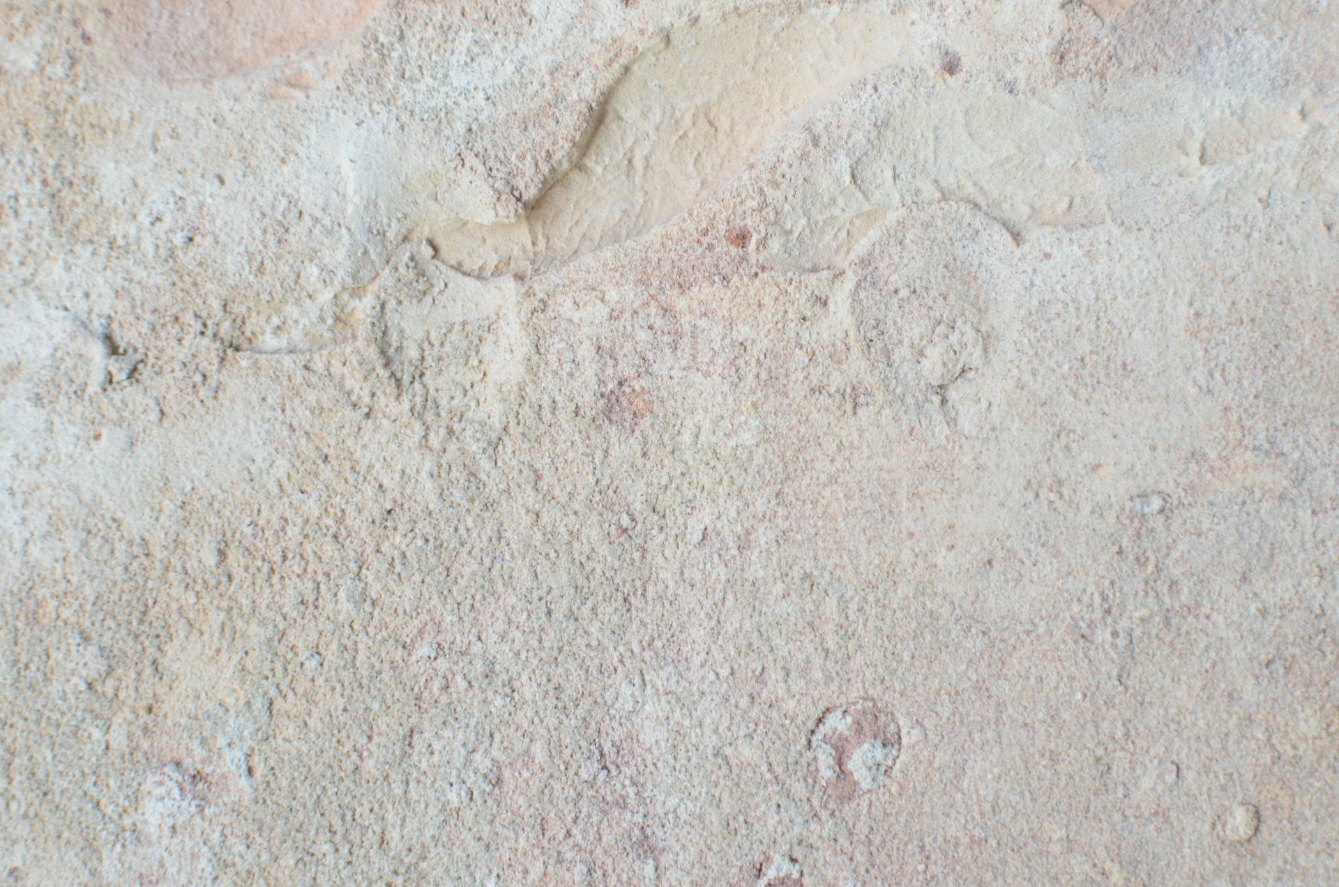 Close-up of a light beige, textured sandy or stucco surface with faint marks and spots