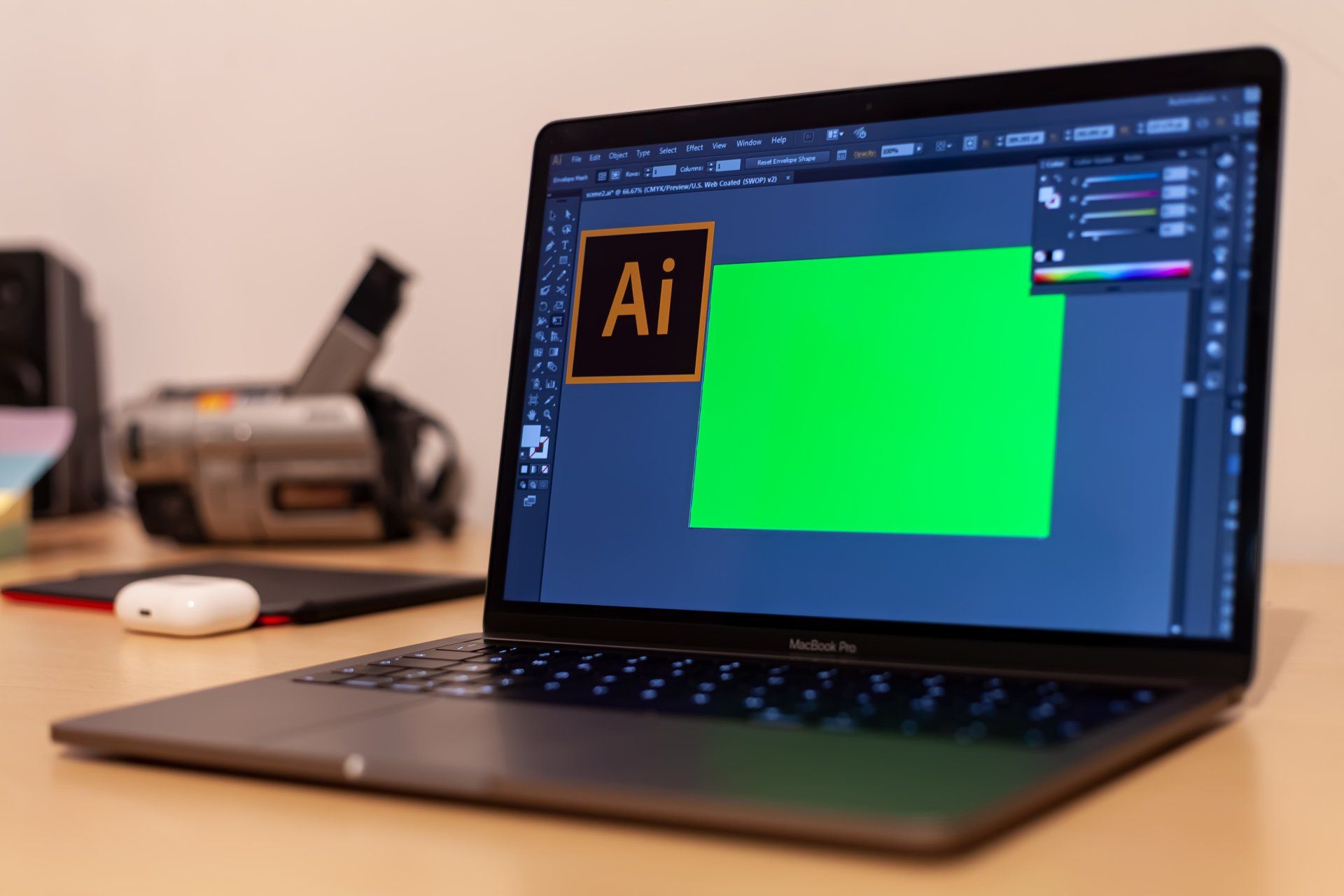 A laptop with a green screen is sitting on a table.