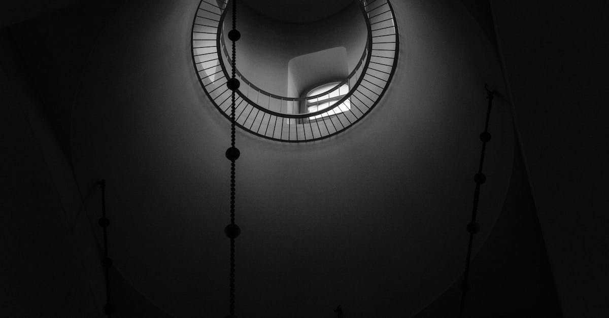 Uma foto em preto e branco de uma escada em espiral em um quarto escuro.