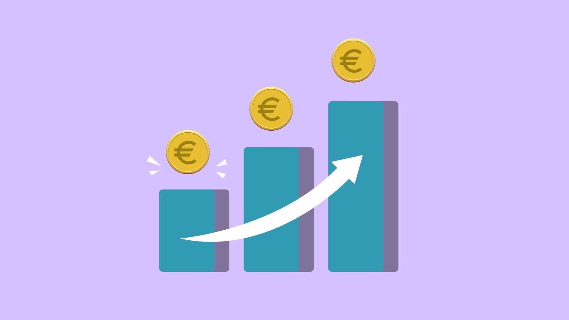 a graph with a white arrow pointing up and euro coins coming out of it