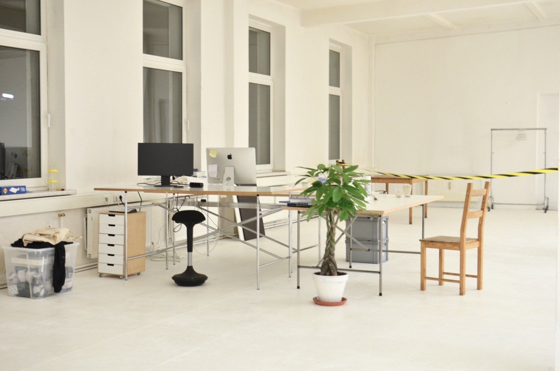 White office space with desk, computer, plant, and chair near windows.