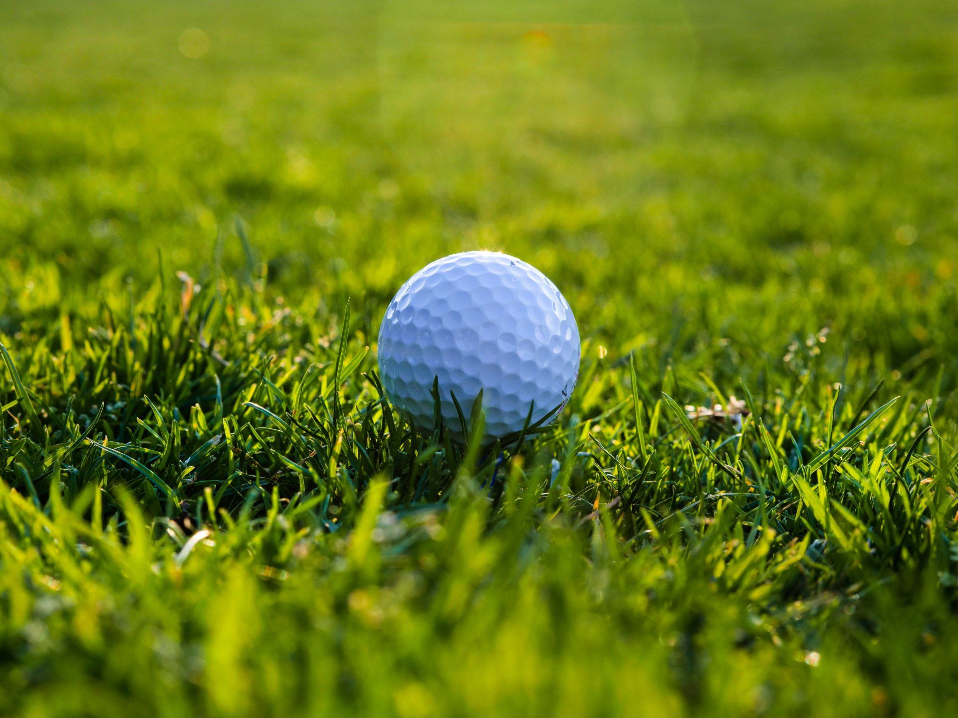 A golf ball is sitting in the grass on a golf course.